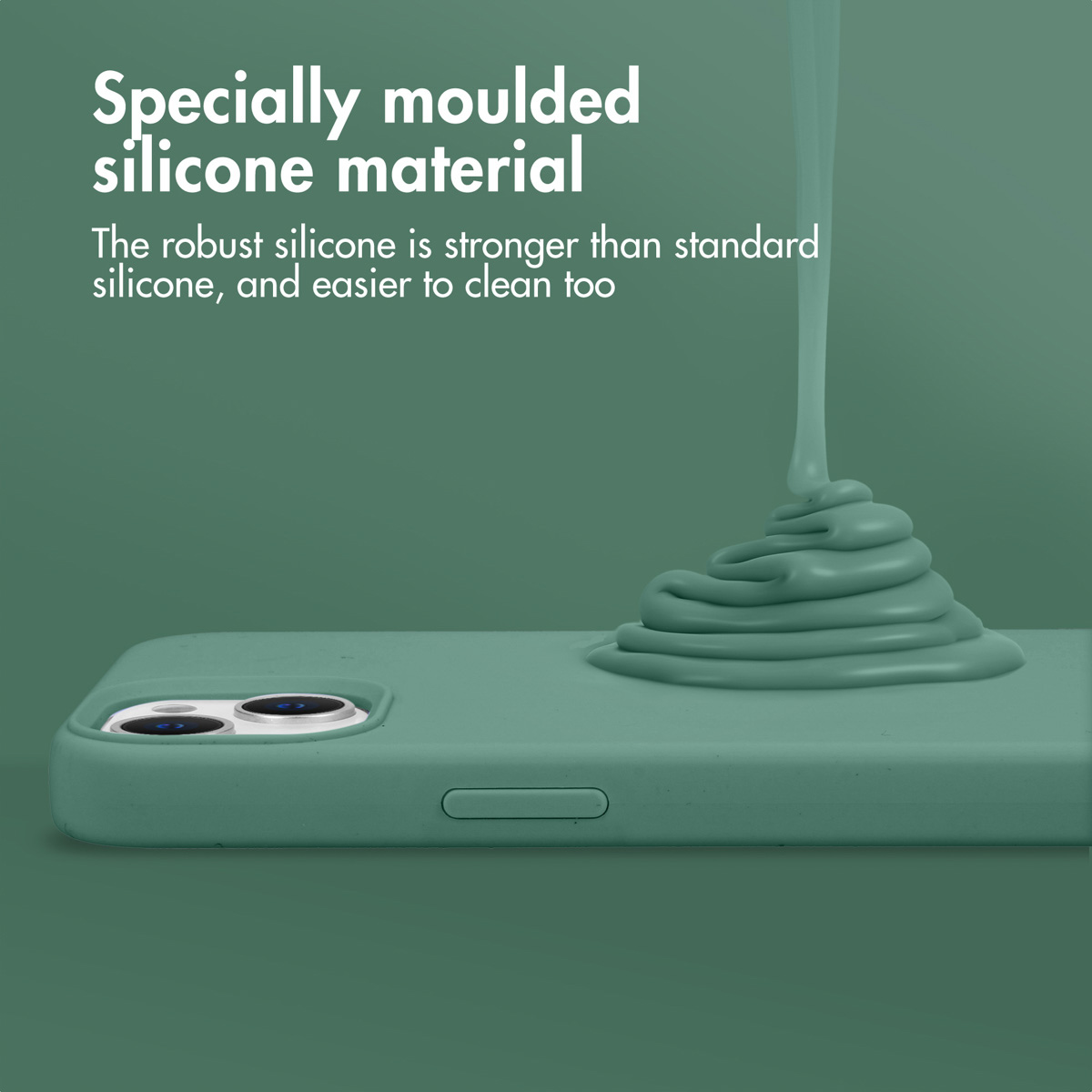 Líquido de silicona verde cae sobre una funda verde con texto.