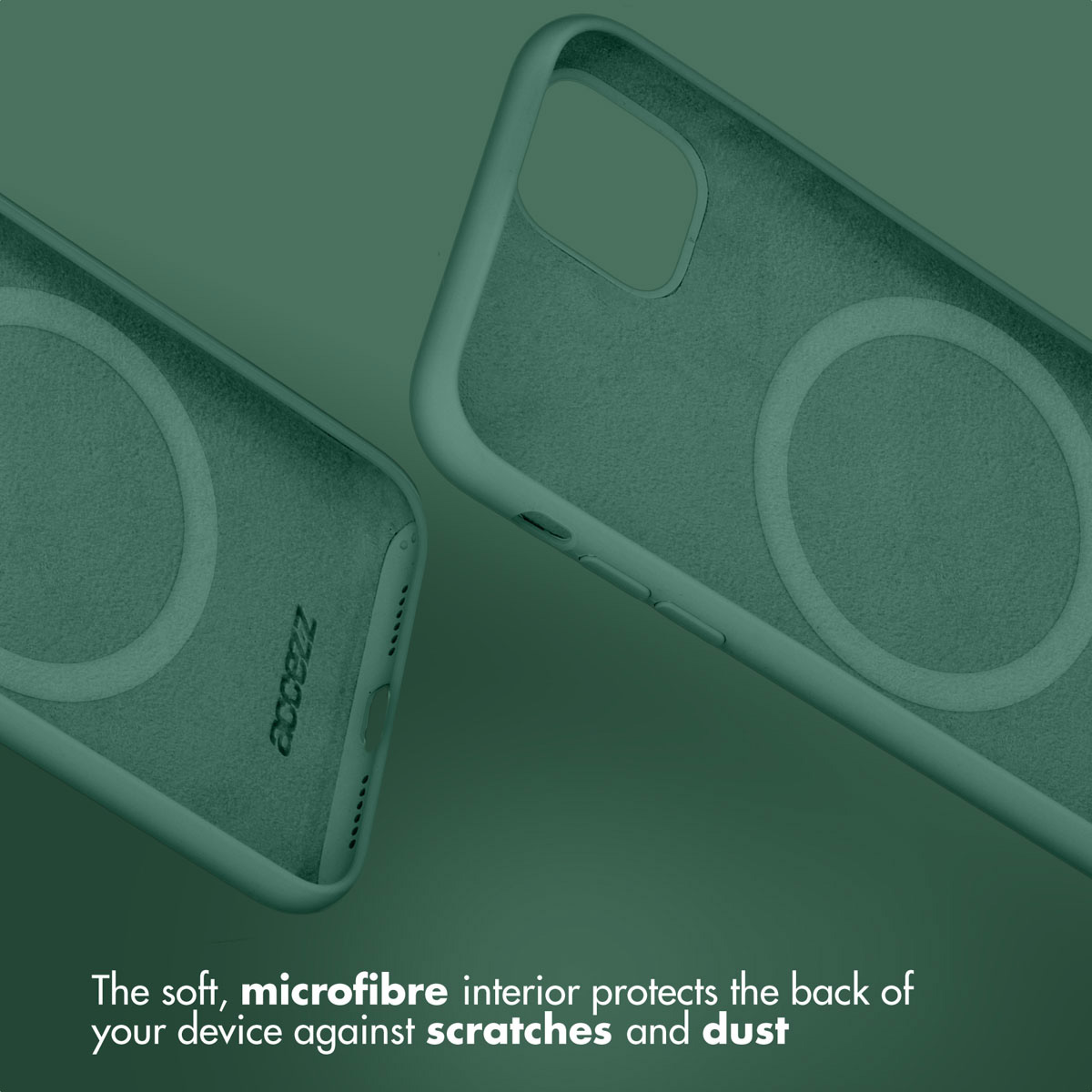Dos fundas de móvil verdes con interior de microfibra sobre fondo verde, con texto publicitario abajo.