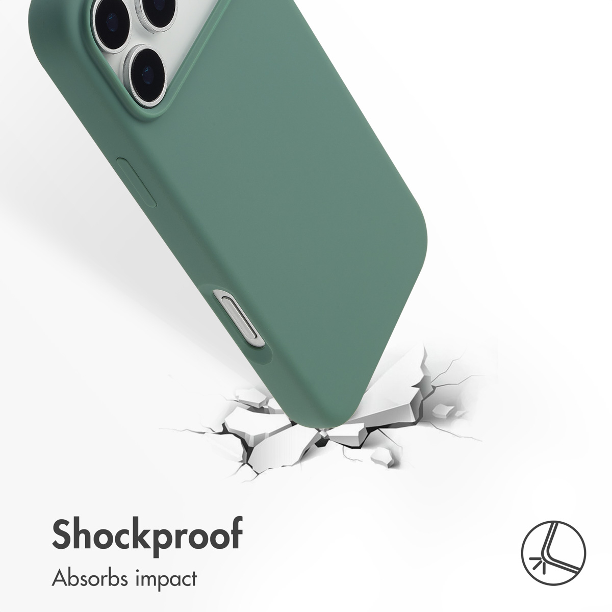 Funda de teléfono verde golpea y agrieta superficie blanca con texto Shockproof.