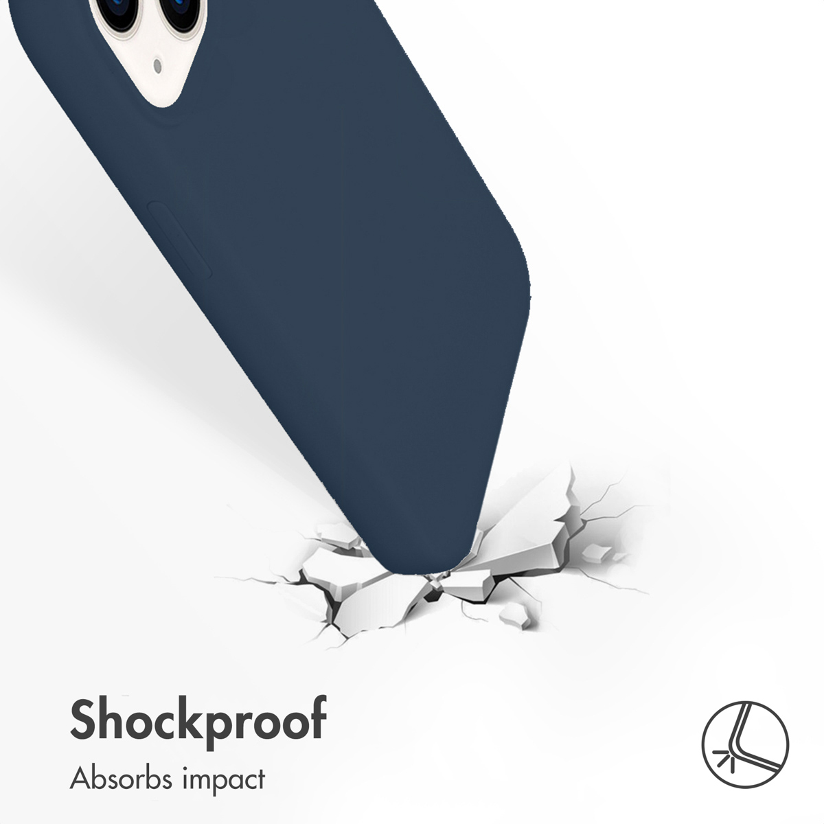 Blaue Smartphone-Hülle stößt auf rissigen weißen Untergrund mit Text Schockfest.