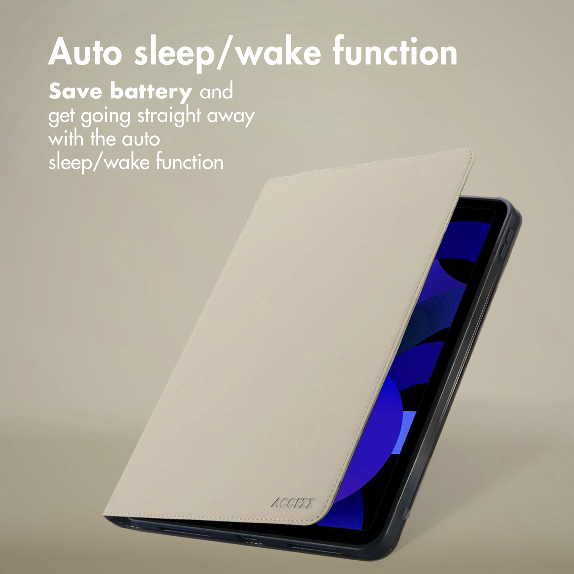 Una custodia per tablet beige con funzione di spegnimento/risveglio automatico su sfondo neutro.