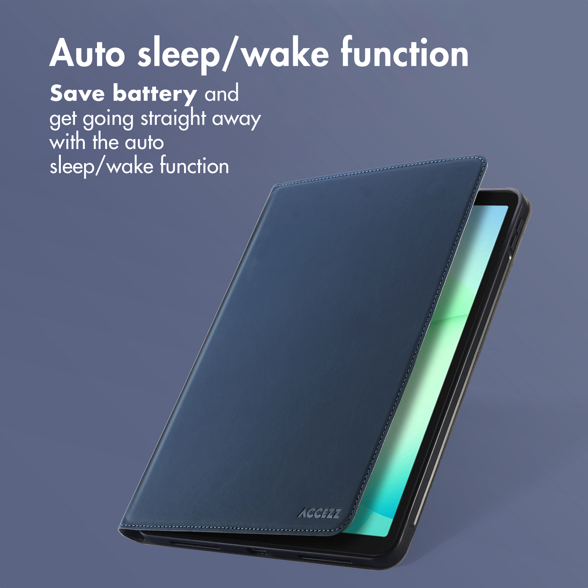 Un étui de tablette bleu avec fonction de mise en veille automatique.