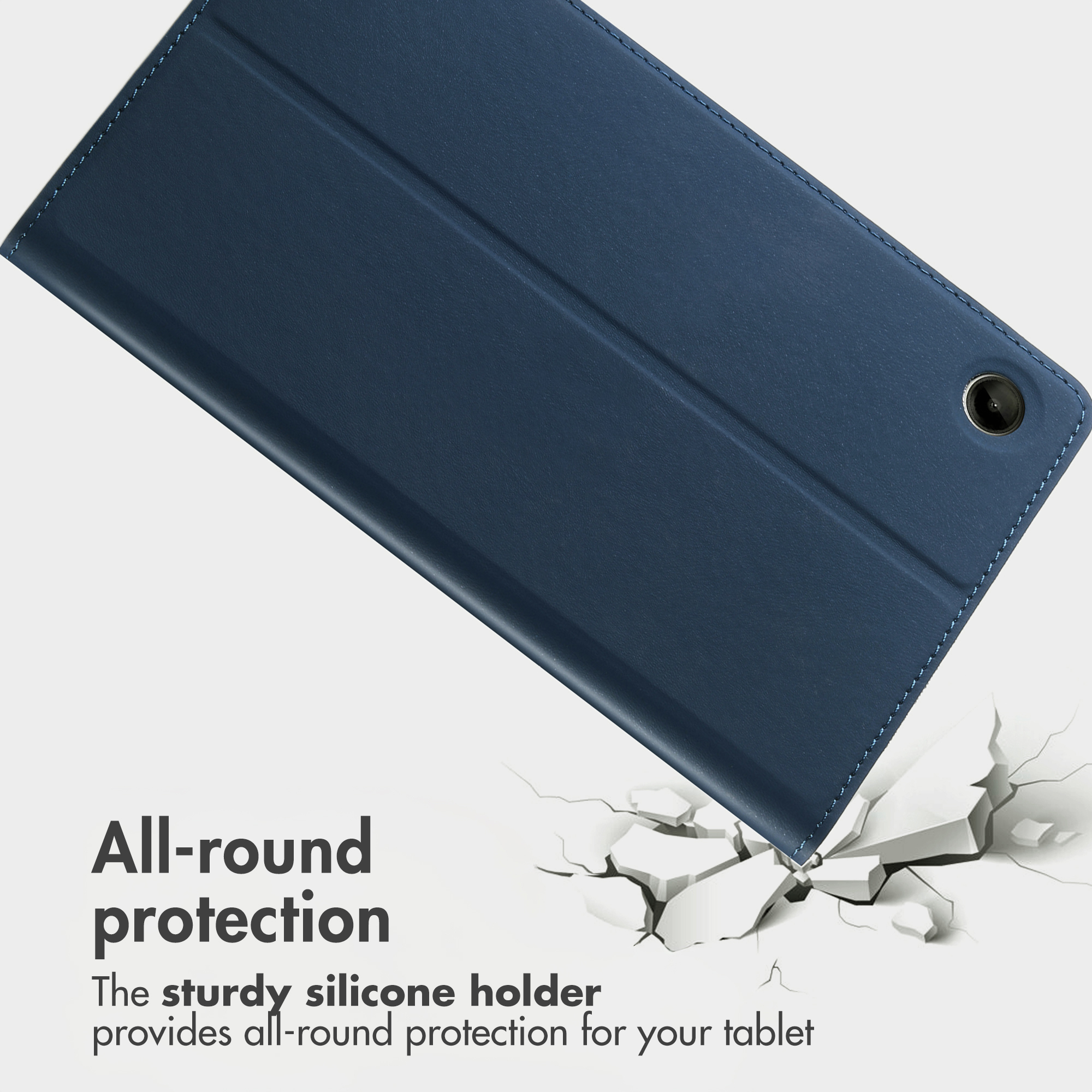 Étui de tablette bleu sur fond blanc craquelé avec du texte sur la protection.
