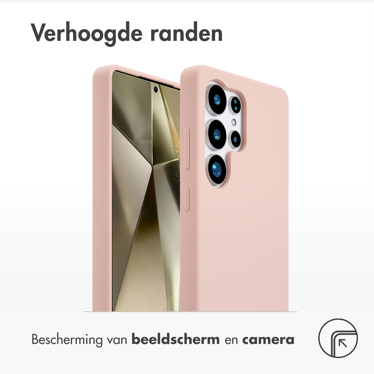 Funda de smartphone rosa con bordes elevados para proteger la pantalla y la cámara sobre fondo blanco.