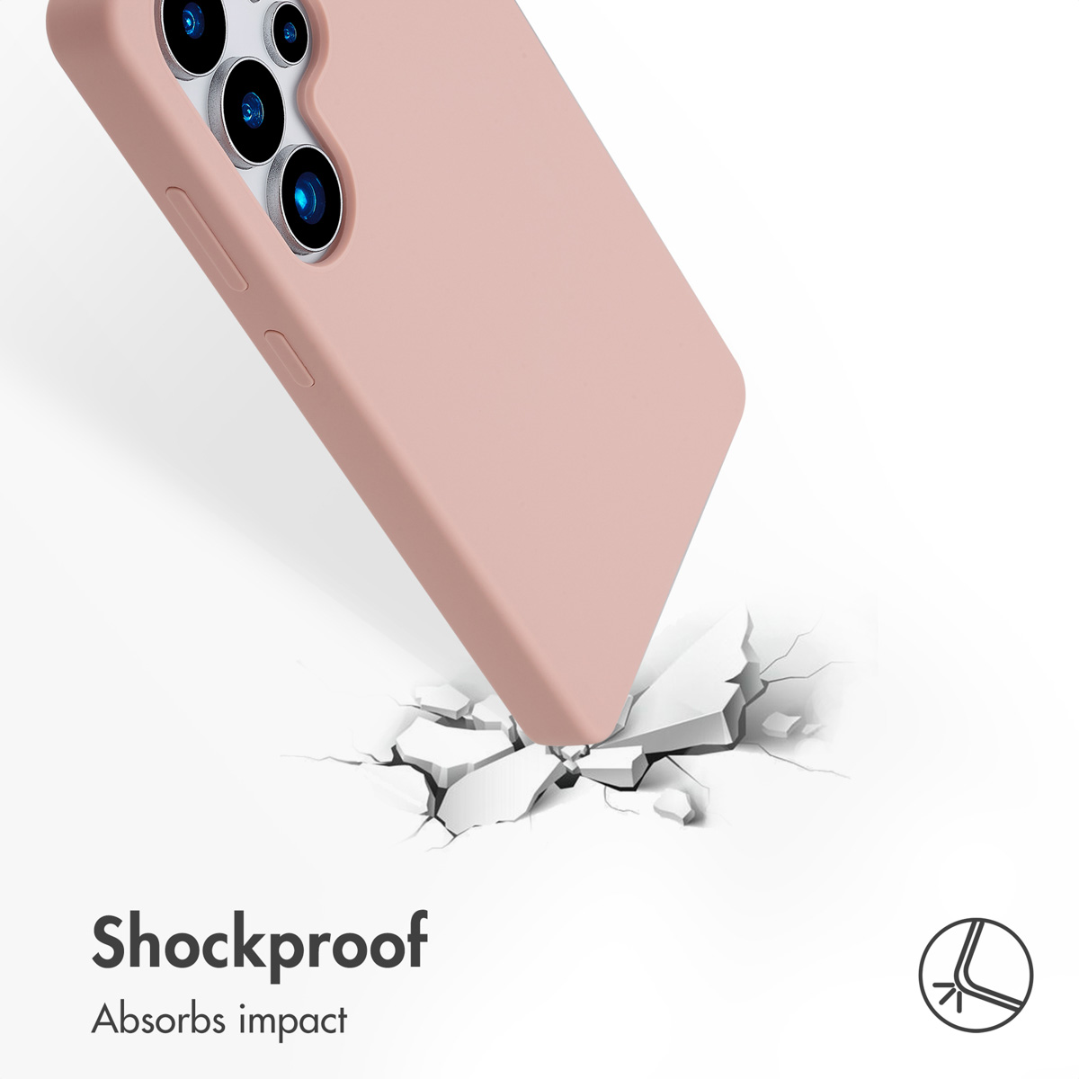 Una funda de móvil rosa golpea el suelo, demostrando protección antichoque.