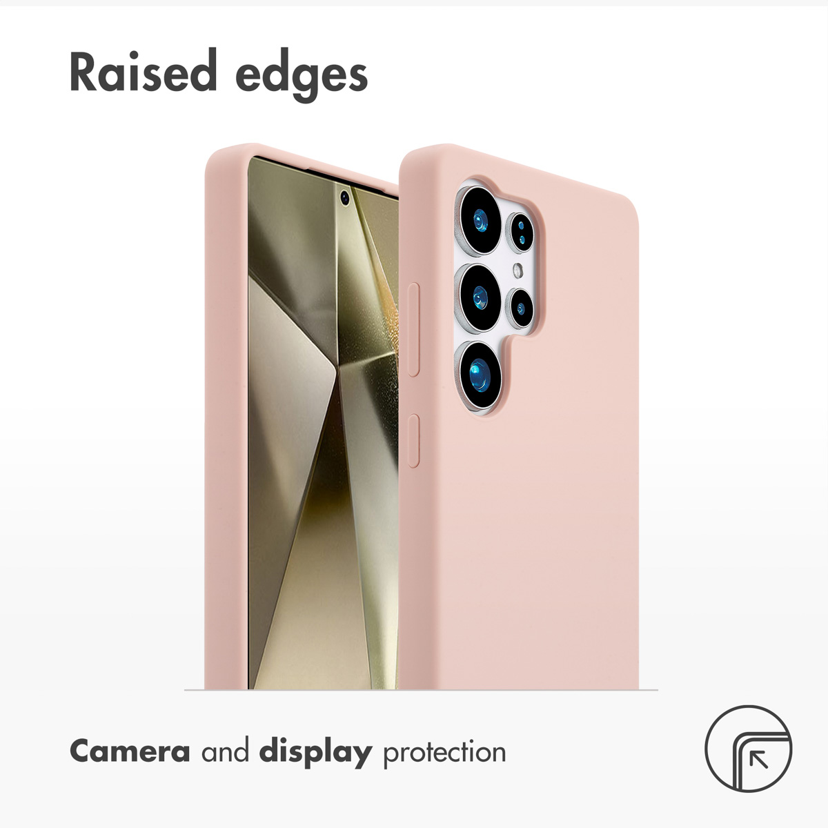Smartphone rosa en funda protectora con bordes elevados para cámara y pantalla.