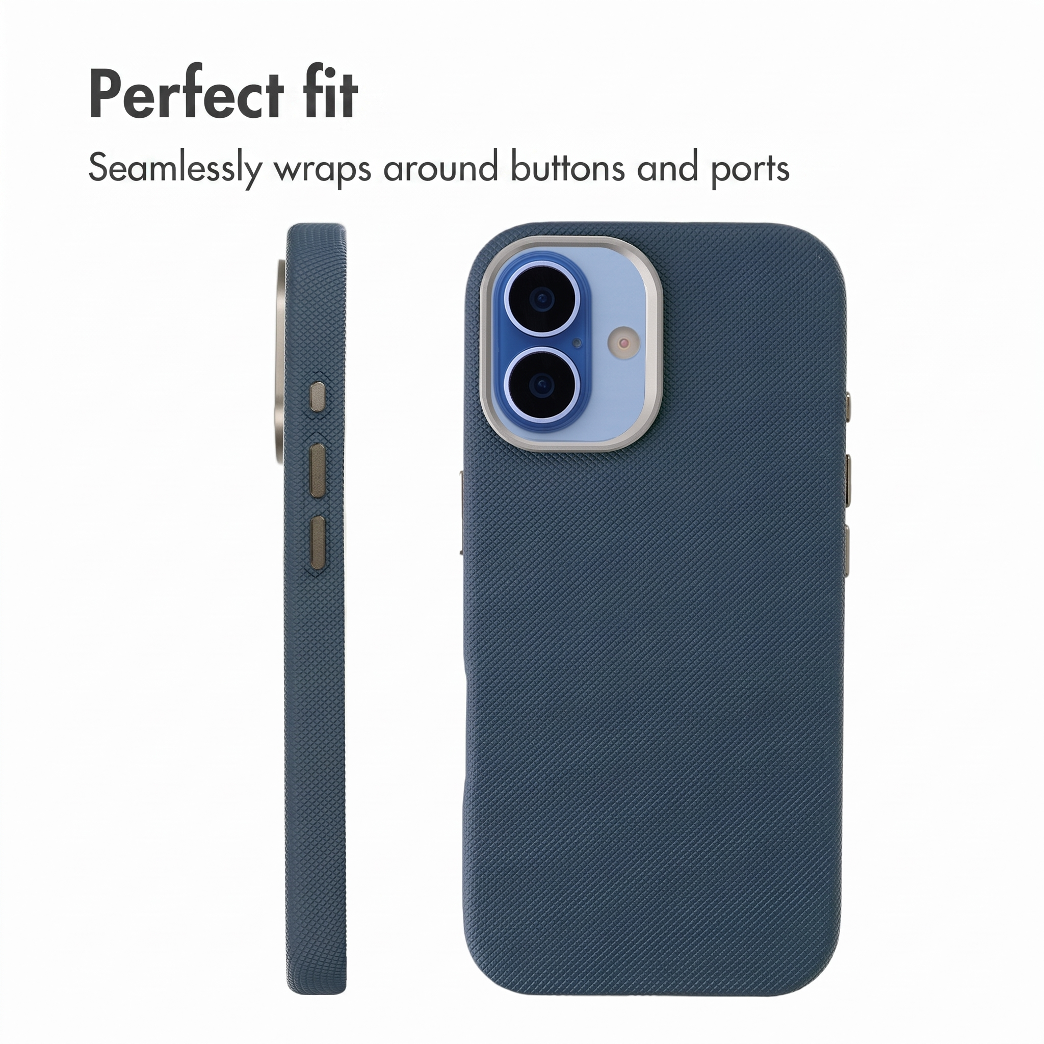 Custodia per smartphone blu con testo 'Perfect fit' e doppia fotocamera, mostrata frontalmente e di lato.