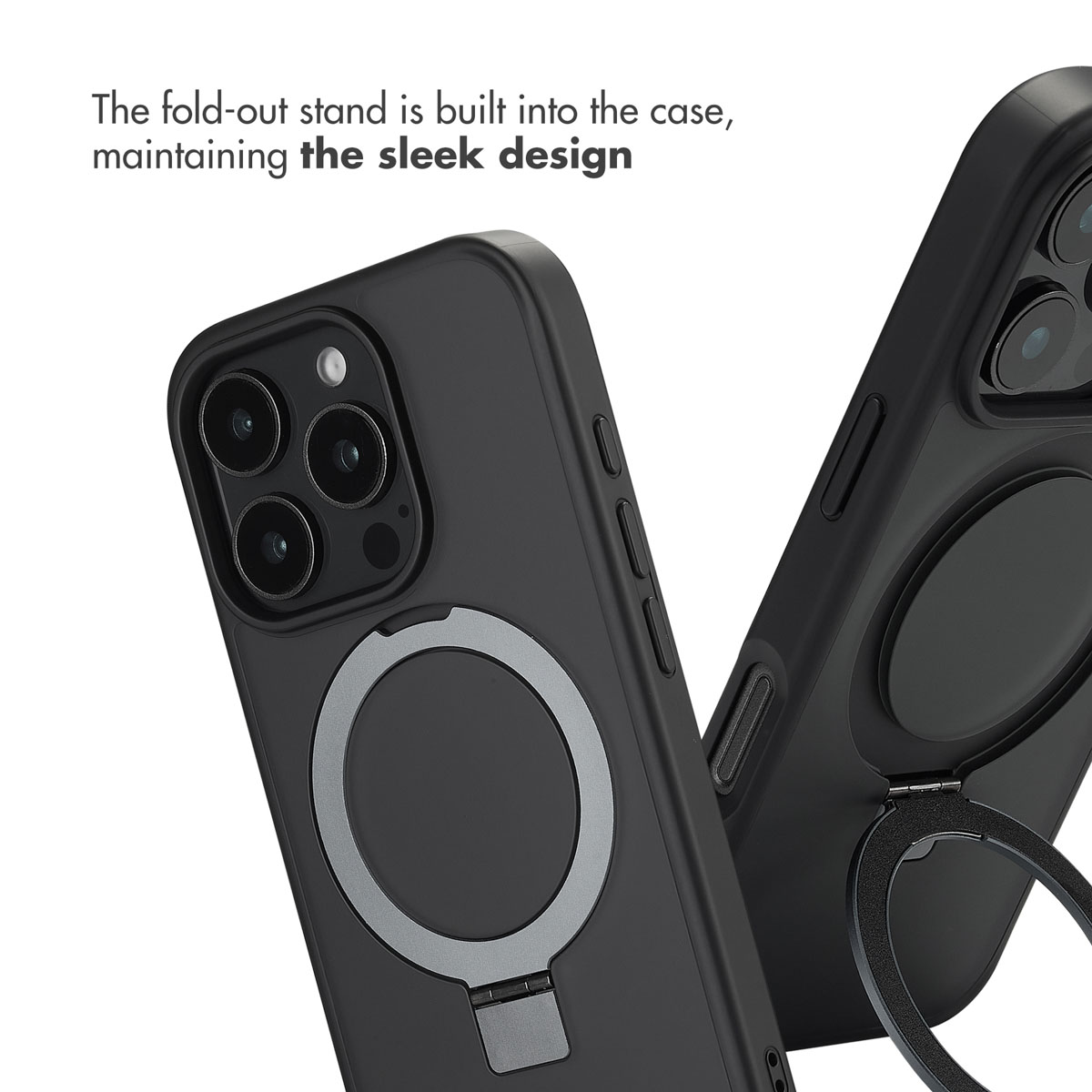 Zwei schwarze Handyhüllen mit integriertem, ausklappbarem Ständer und MagSafe-Ring auf der Rückseite.