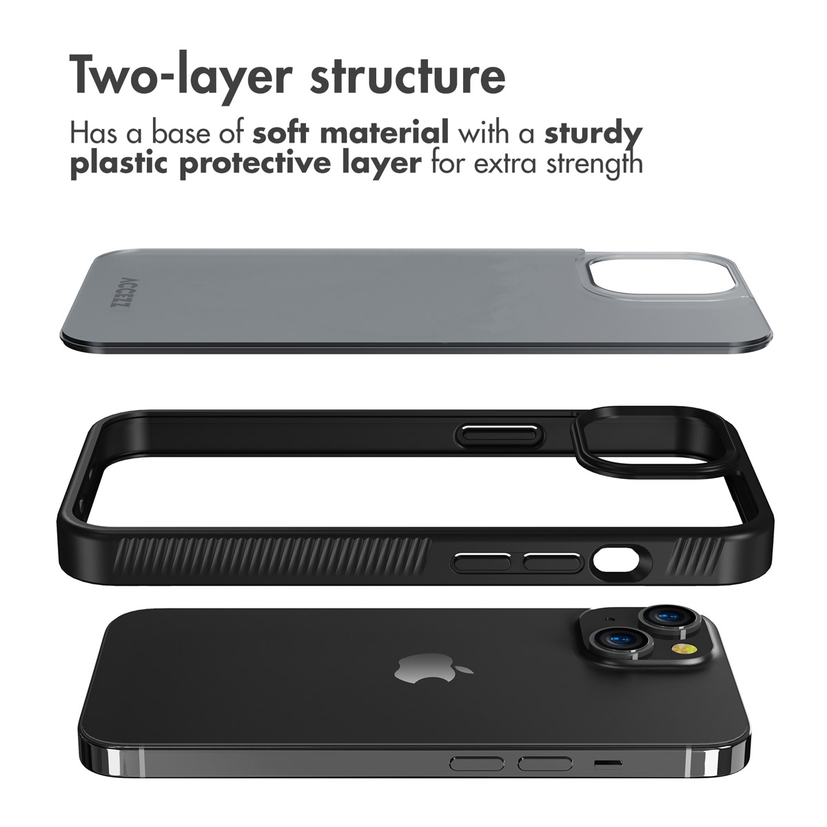 Vista explosionada de una funda de móvil con dos capas sobre un smartphone negro con logotipo de Apple.