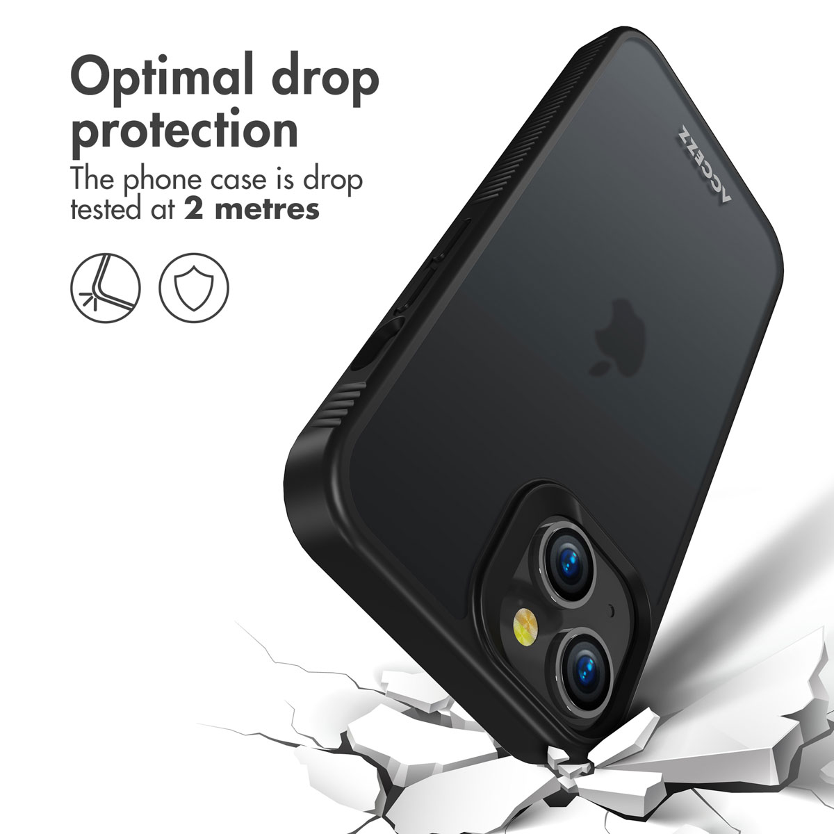 Funda de teléfono negra sobre fondo blanco con texto sobre protección contra caídas de 2 metros.