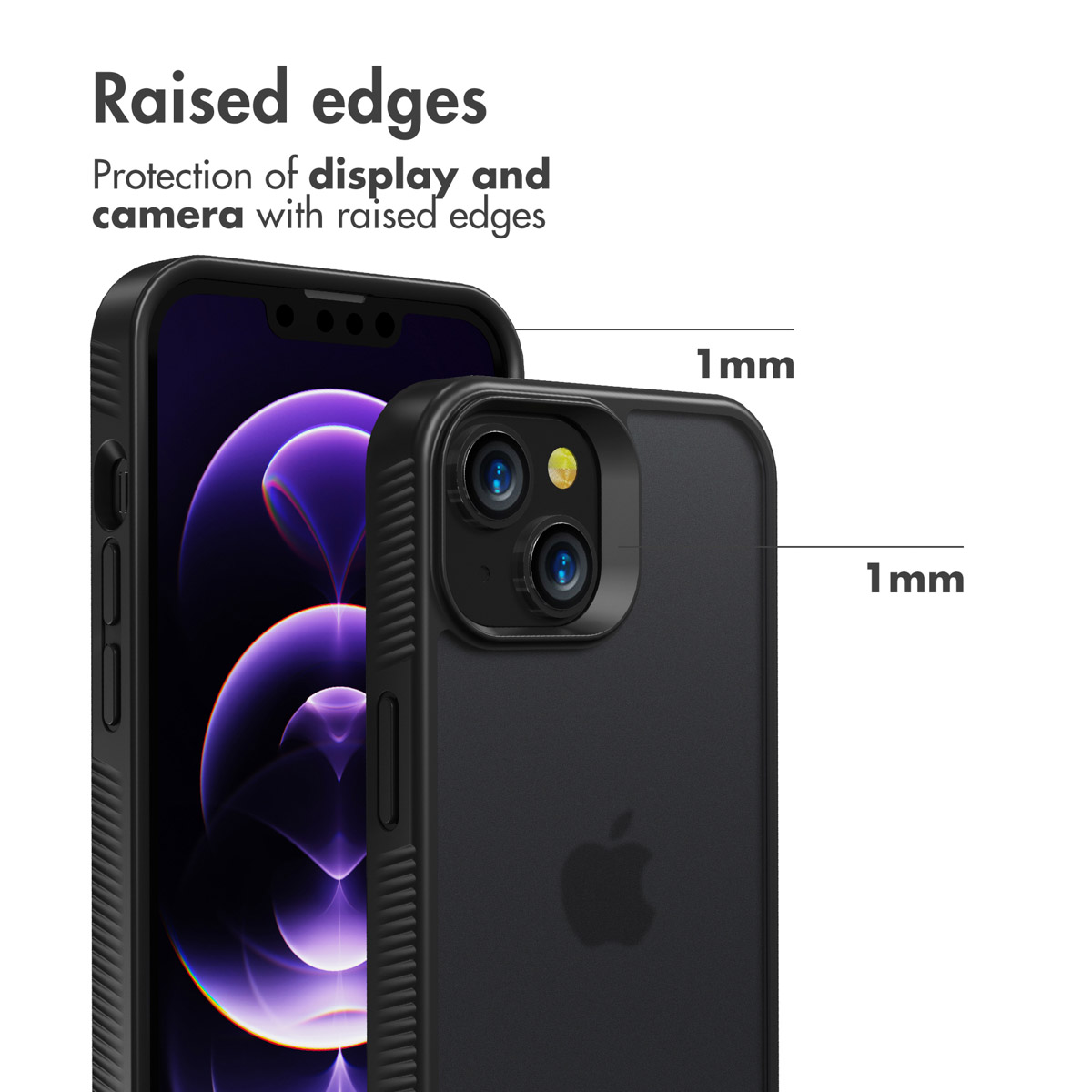 Diagrama que muestra bordes elevados de 1 mm para proteger la pantalla y la cámara de un smartphone.
