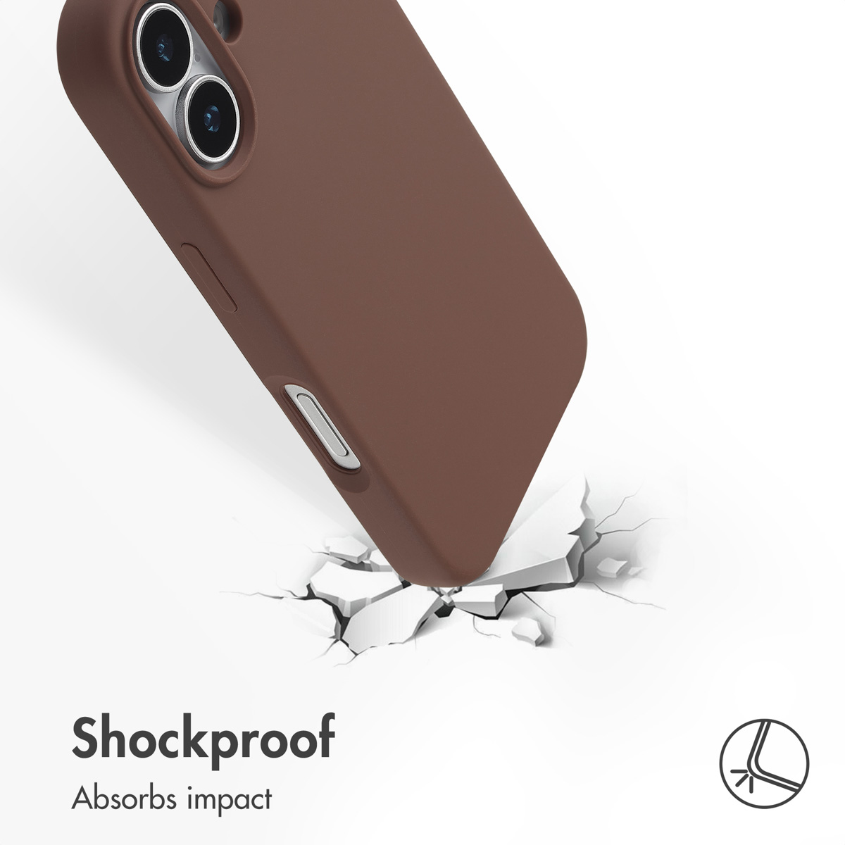 Funda de móvil marrón golpea superficie agrietada con texto Absorbe impactos.
