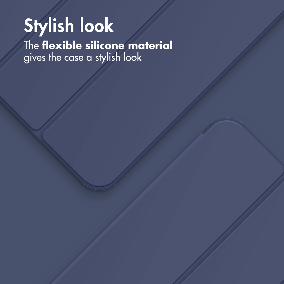 Close-up of a smooth, dark blue silicone phone case with text overlay stating Stylish look.