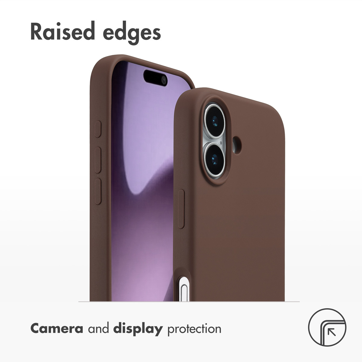 Funda de smartphone marrón con bordes elevados para protección de cámara y pantalla.