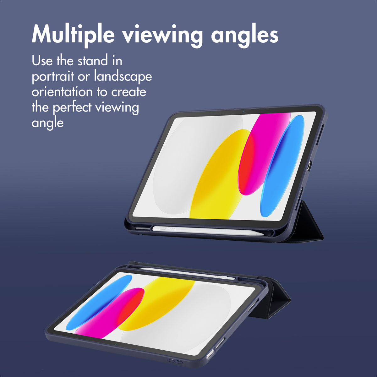 Tablet in een hoes met standaard voor meerdere kijkhoeken en een styluspen.