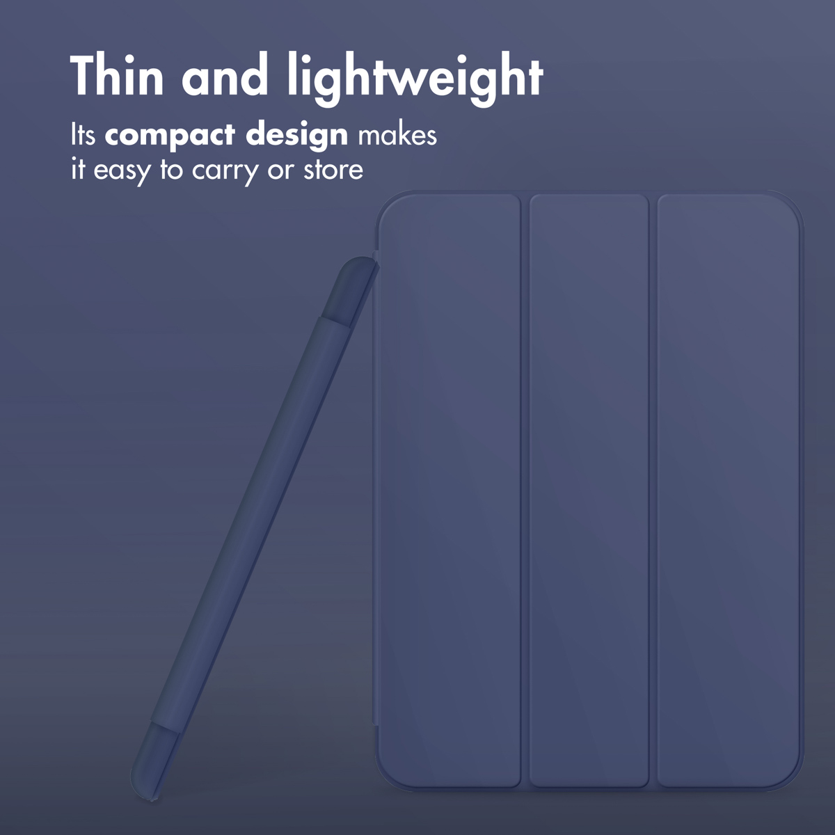 A thin blue tablet case and stylus against a dark blue background with text.
