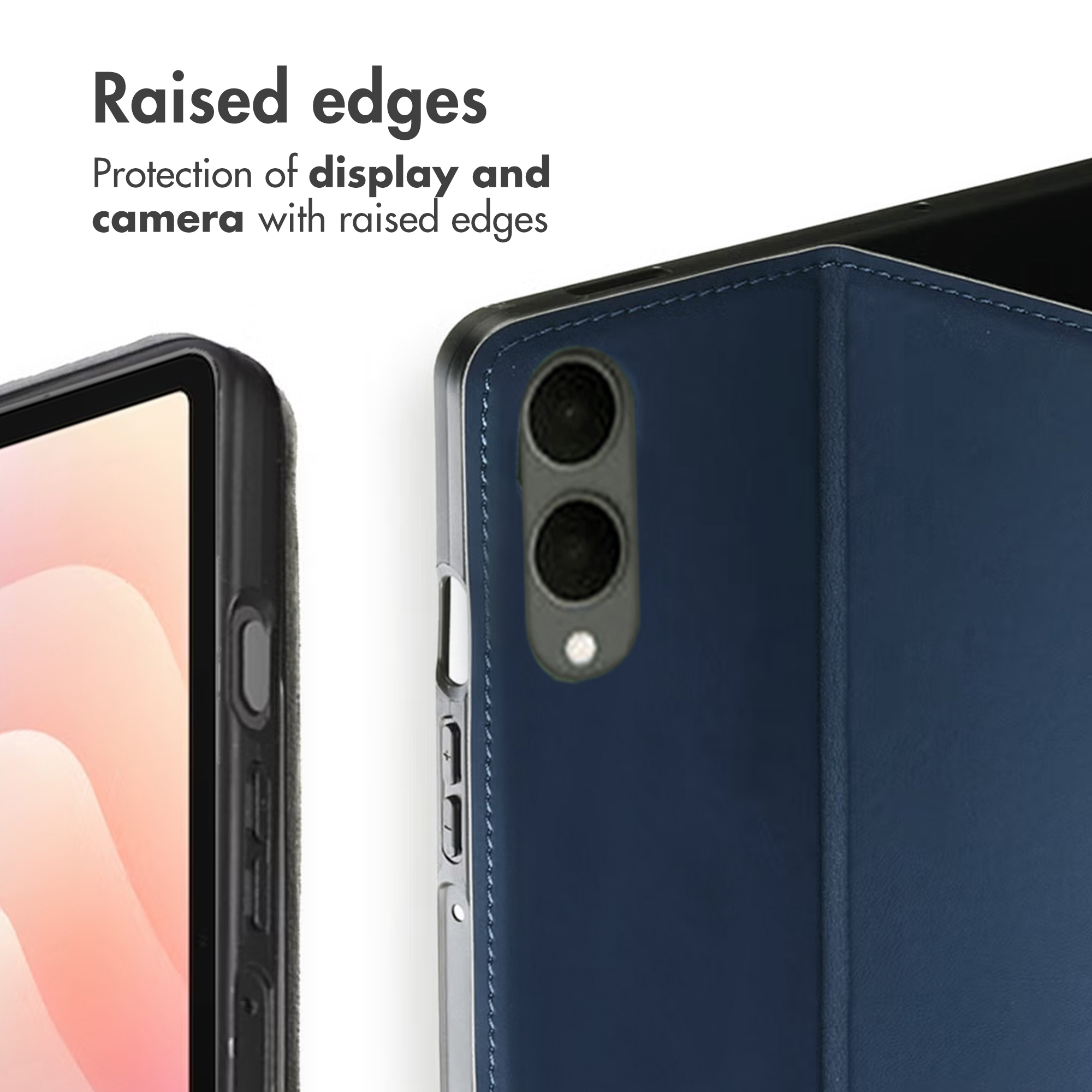 Étui de smartphone en cuir bleu avec bords surélevés pour protéger l'écran et l'appareil photo.