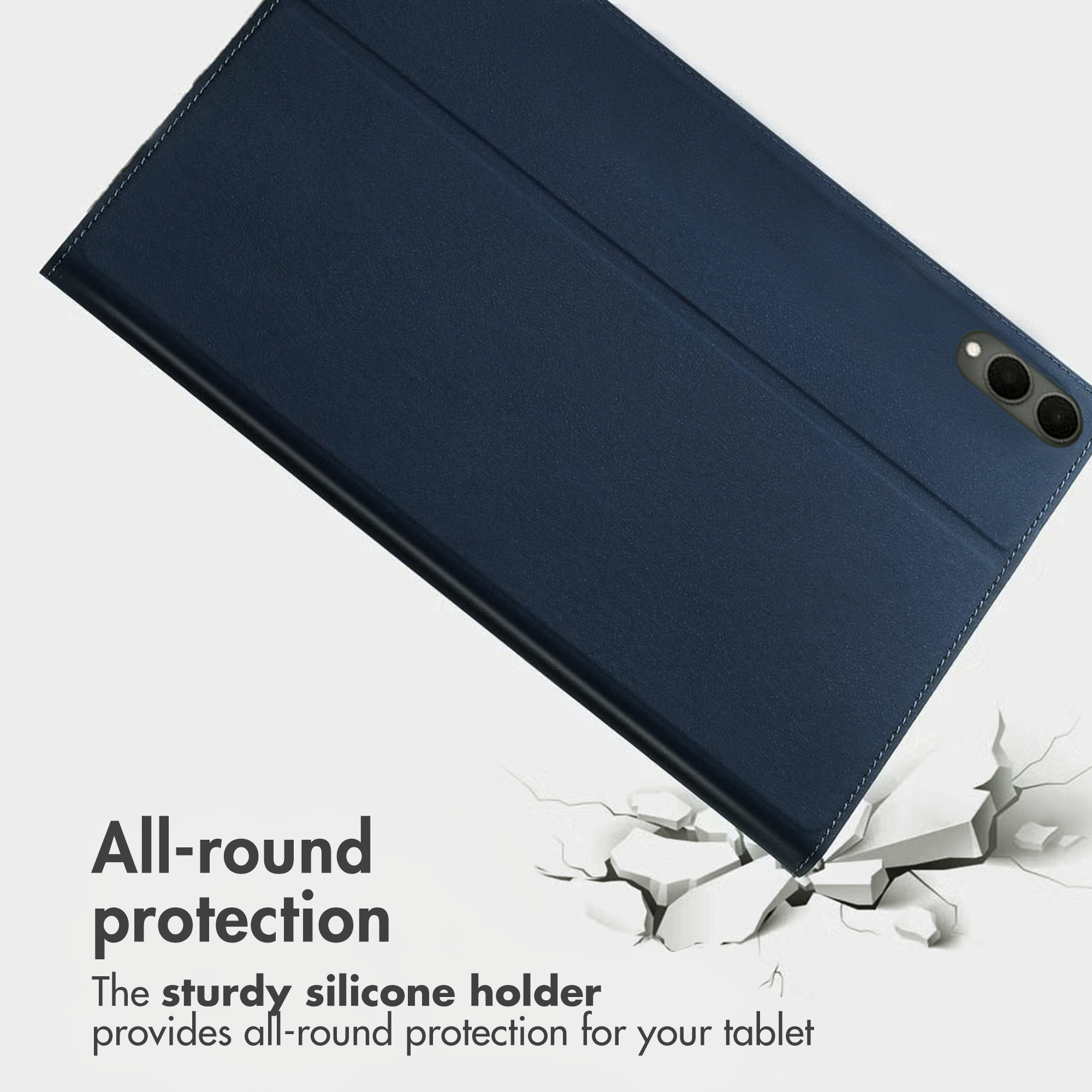 Étui de tablette bleu foncé sur fond craquelé avec du texte.