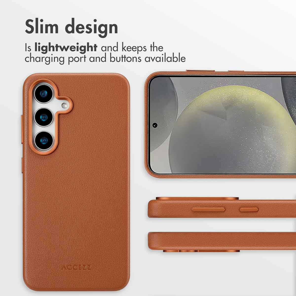 Schlanke, leichte braune Lederhülle für ein Smartphone mit freiliegenden Anschlüssen und Tasten.