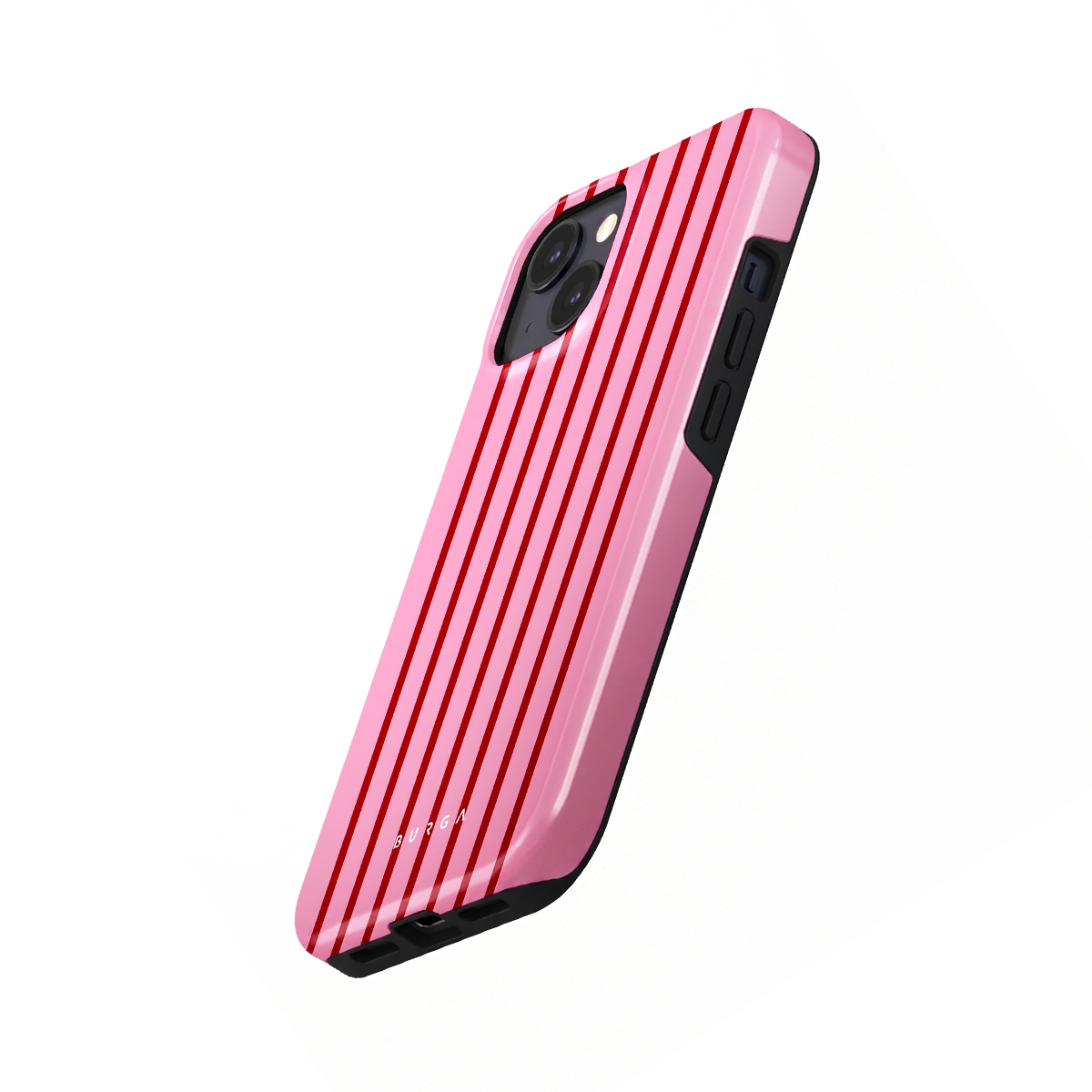 Een roze en rood gestreept telefoonhoesje op een witte achtergrond.