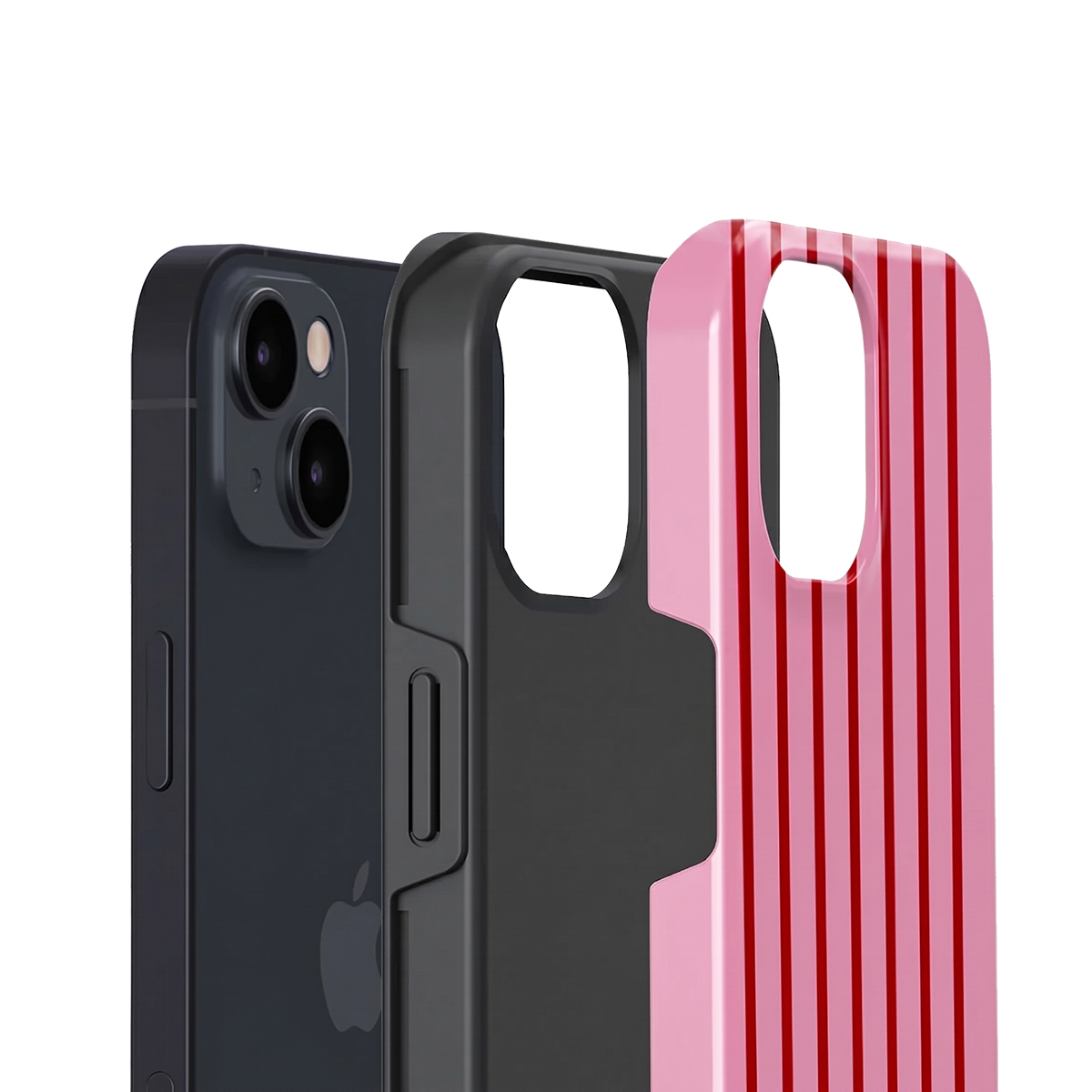 Een zwarte smartphone met twee hoesjes: een zwarte en een roze-rode gestreepte.
