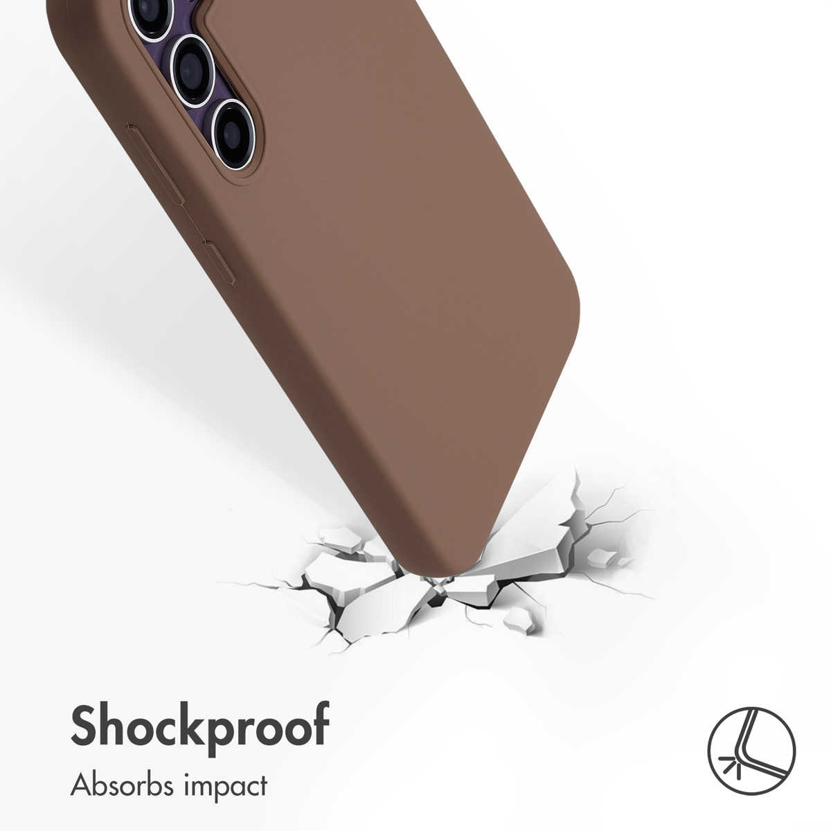 Un telefono marrone colpisce una superficie bianca con crepe. Testo: Shockproof. Absorbs impact.