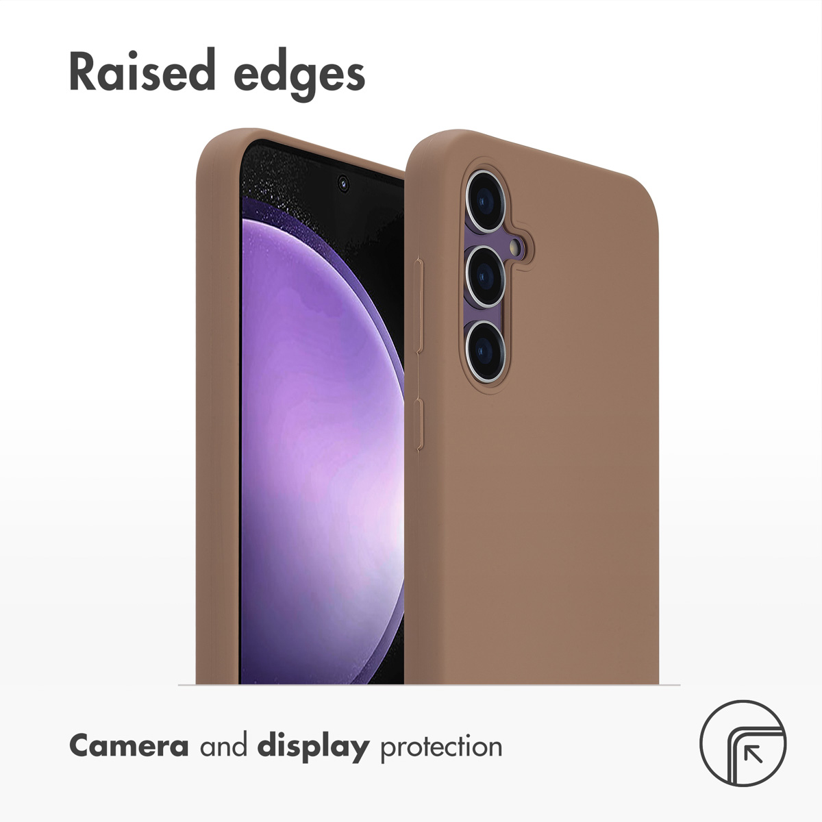 Custodia per telefono marrone con bordi rialzati per proteggere fotocamera e schermo.