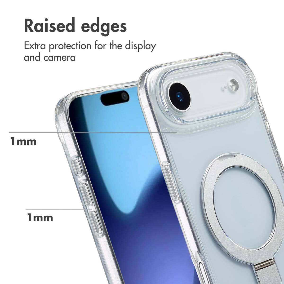Custodia trasparente per telefono con bordi rialzati per display e fotocamera e anello MagSafe.
