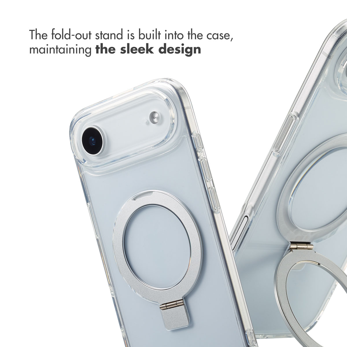 Due smartphone in cover trasparenti con un anello di supporto argentato integrato e pieghevole sul retro.