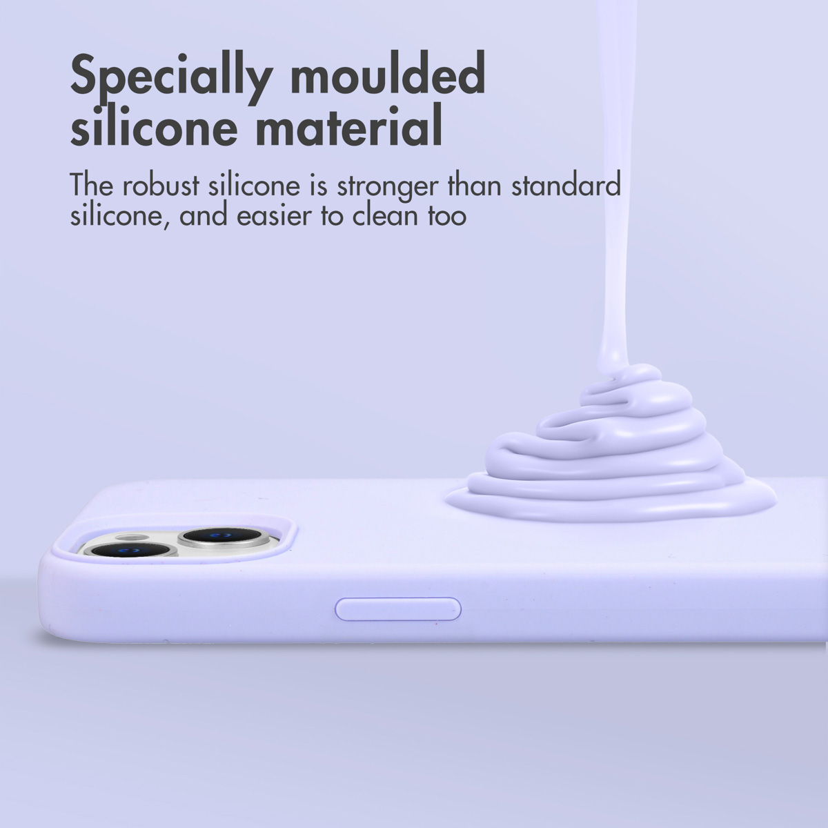 Vloeibare silicone wordt op een lichte paarse telefoonhoes gegoten, met tekst.