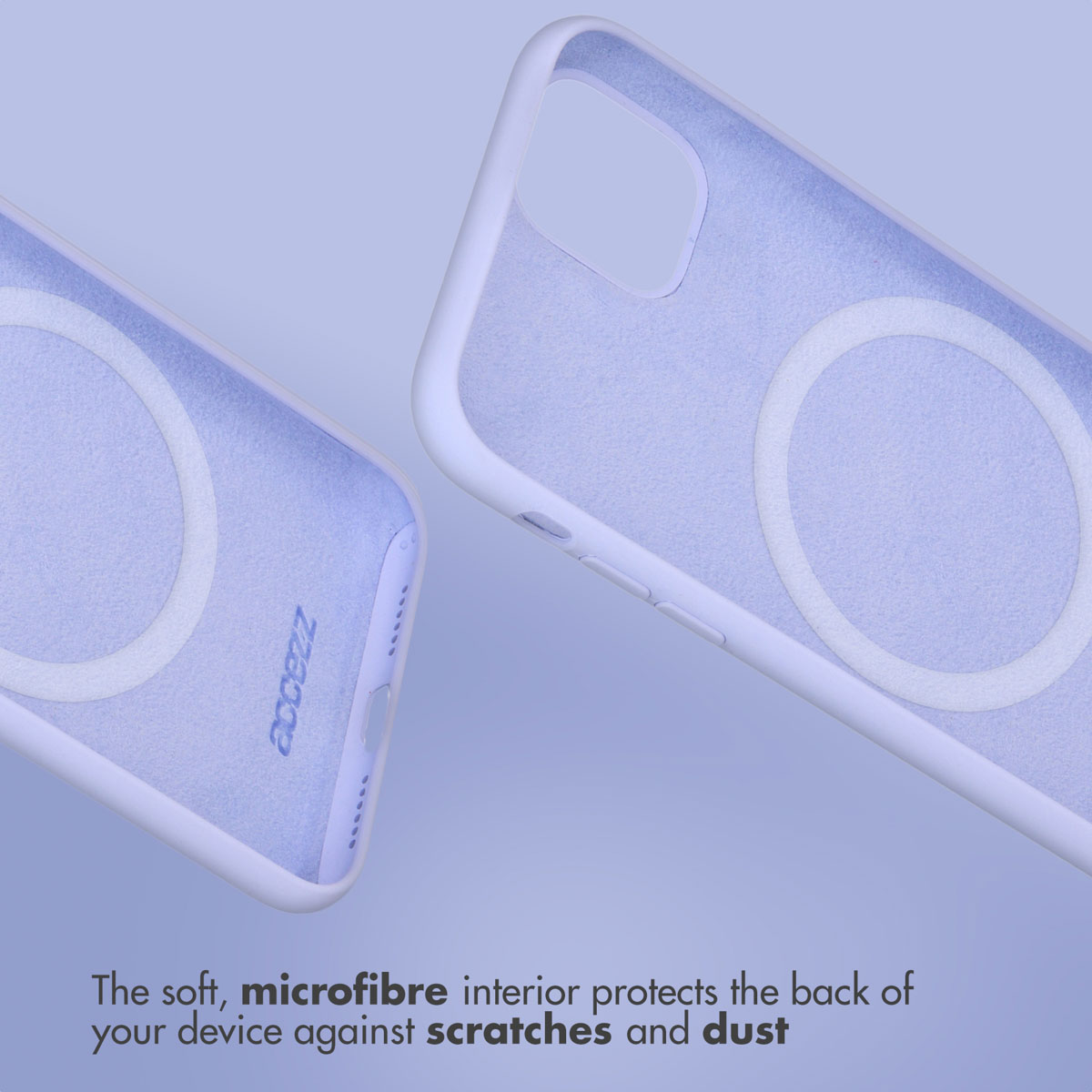 Twee lichte paarse telefoonhoesjes tegen een lichte paarse achtergrond met tekst over microvezel.
