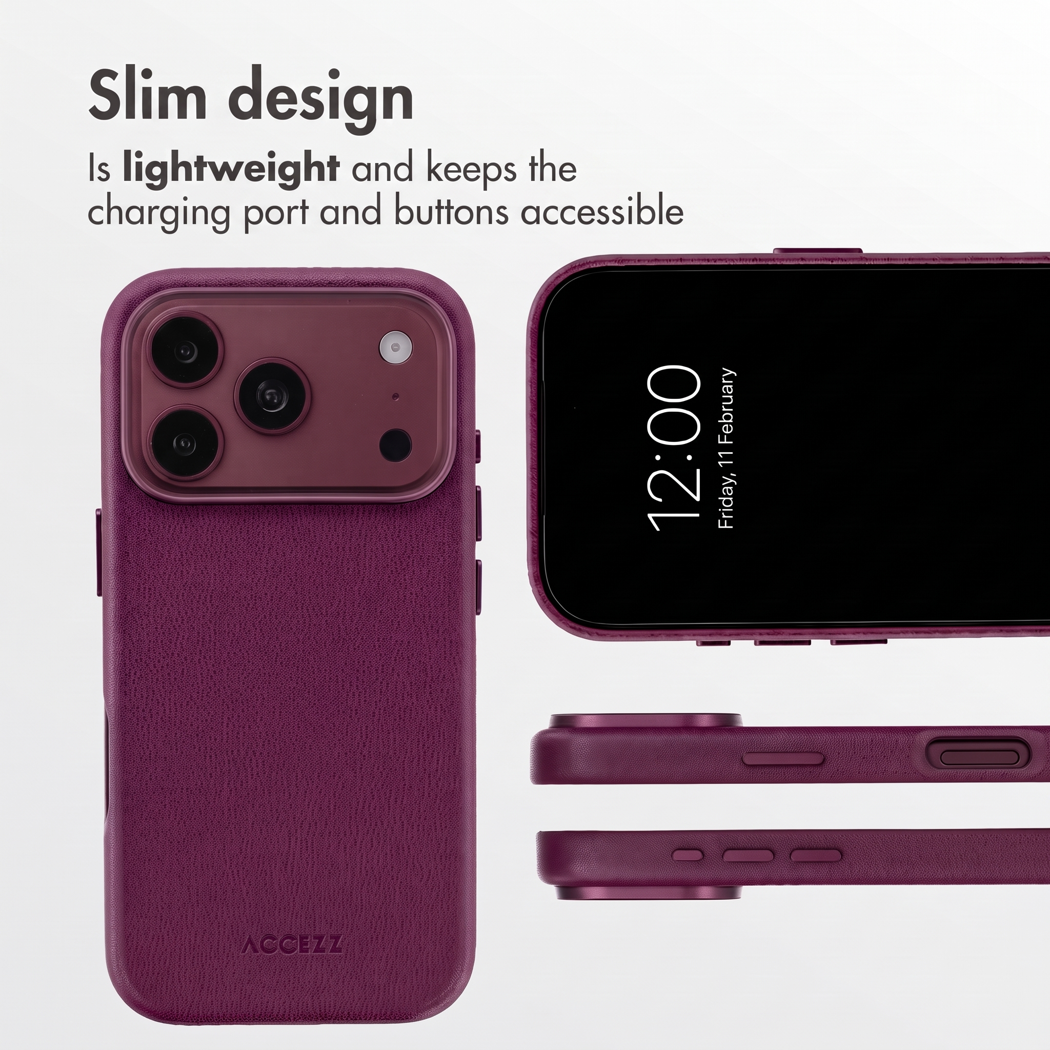 Custodia per telefono rosso scuro con aperture per fotocamera e testo sul design sottile.