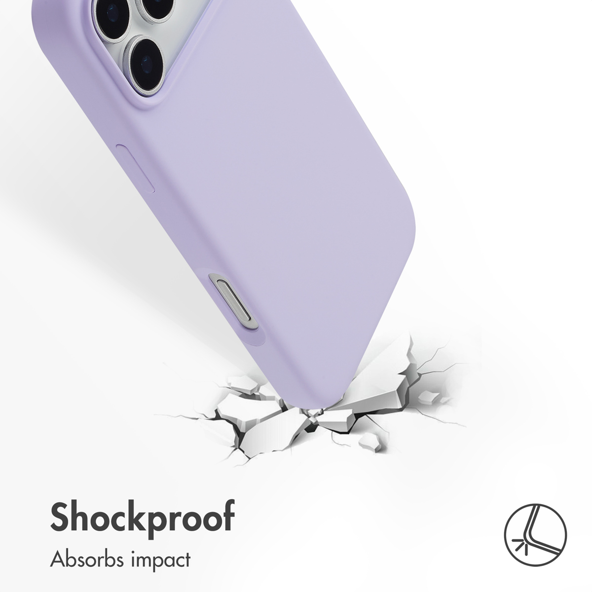 Funda de móvil morada protege contra impactos; la esquina inferior agrieta el suelo blanco.