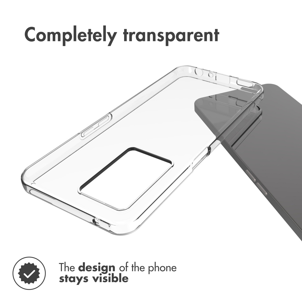 Una funda de móvil completamente transparente junto a un smartphone sobre fondo blanco con texto.