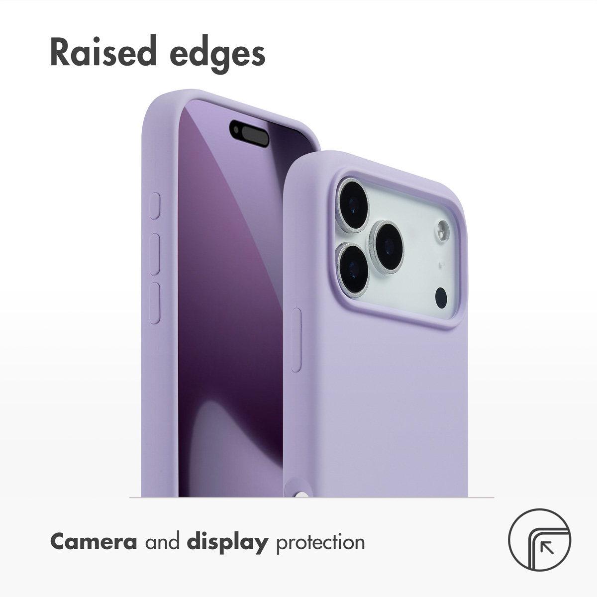 Funda de móvil morada con bordes elevados para la cámara y la pantalla.