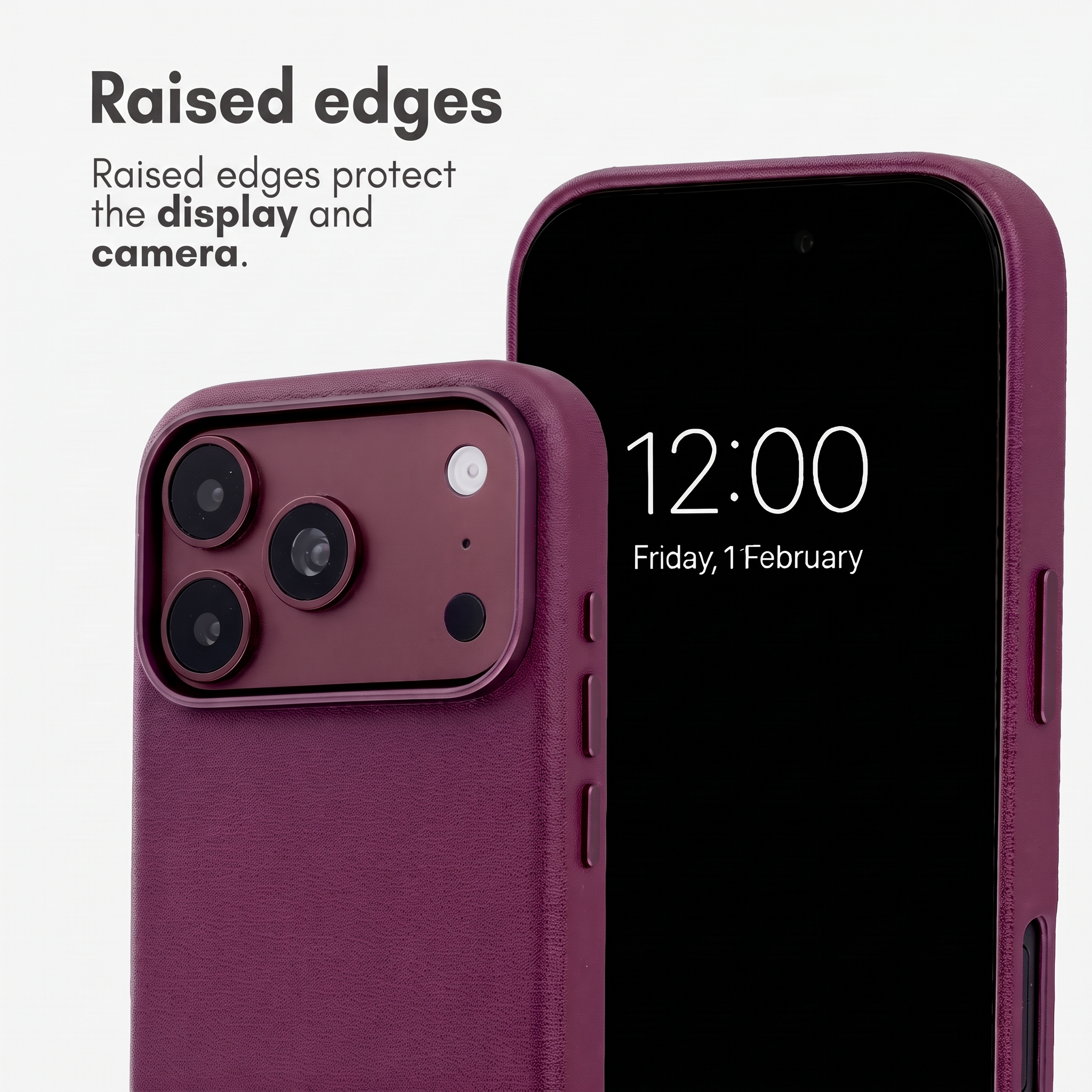Uno smartphone viola in una custodia mostra i bordi rialzati per proteggere schermo e fotocamera.