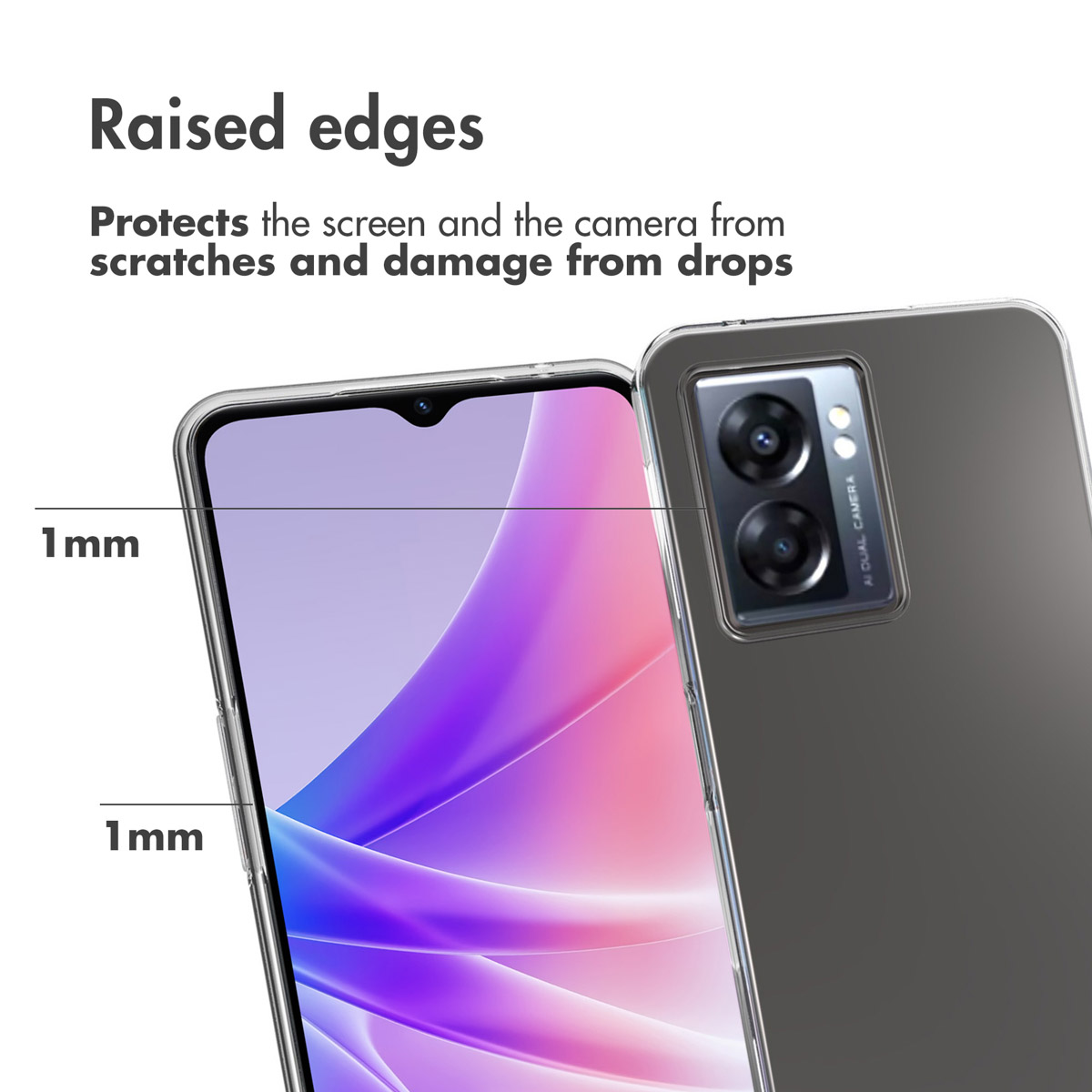 Smartphone en funda protectora transparente con bordes elevados de 1 mm para pantalla y cámara.