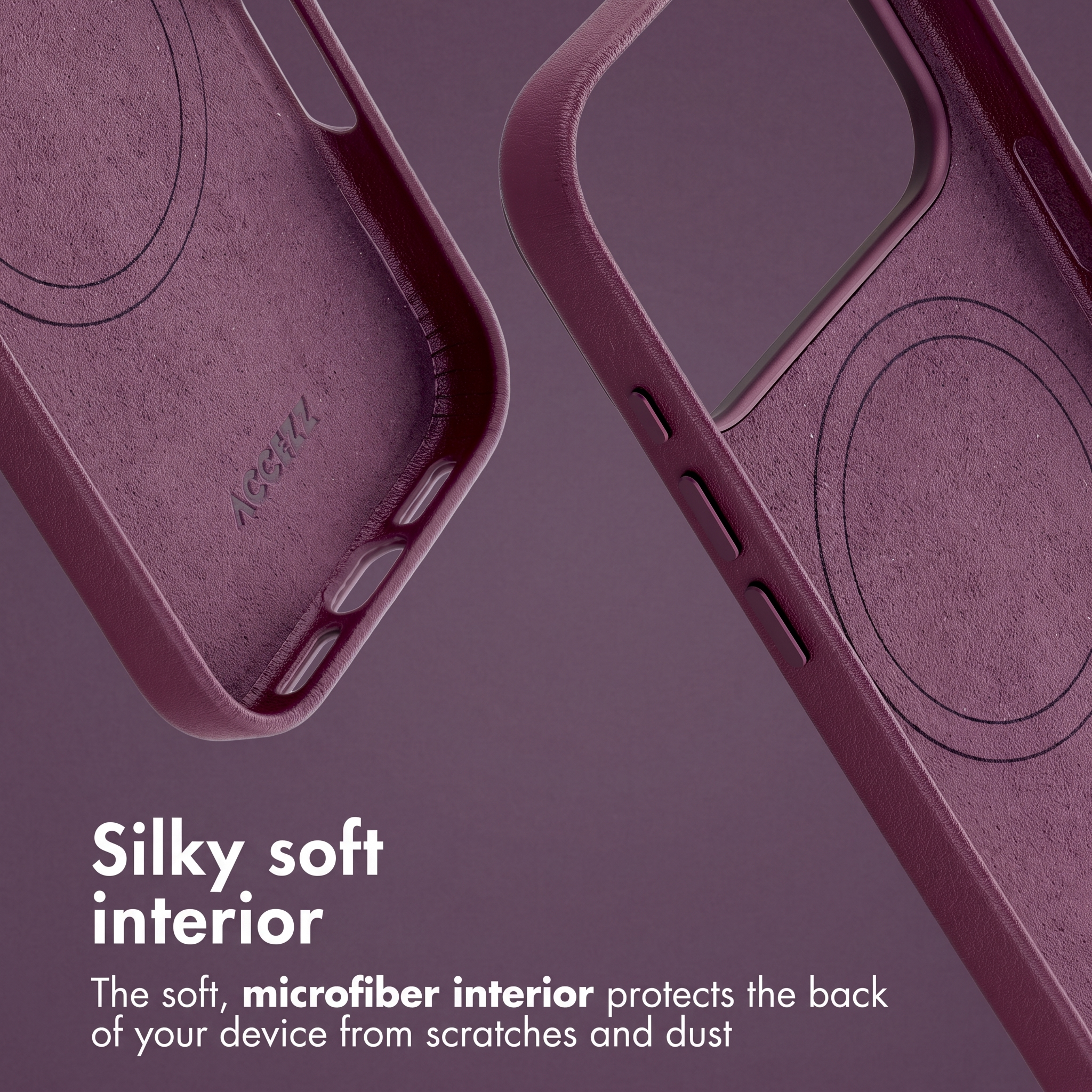 Due cover per telefono bordeaux con morbido interno in microfibra e anello MagSafe su sfondo viola.