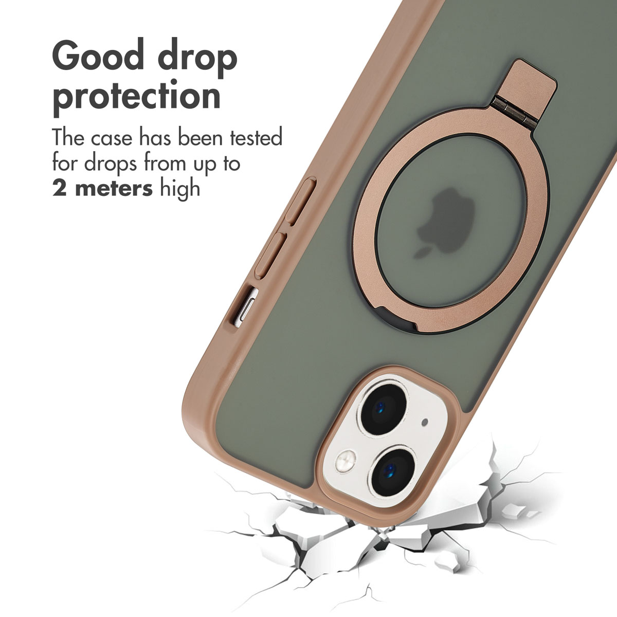 Green smartphone in protective case hitting broken ground, text advertises drop protection up to 2 meters.