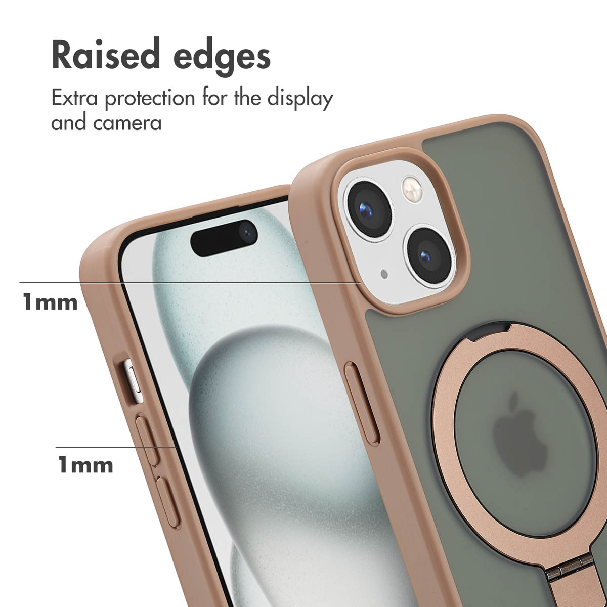 Phone case featuring raised edges for display and camera protection, 1mm thick.