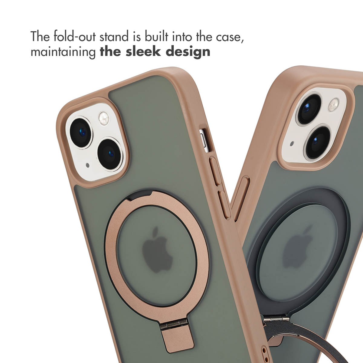 Two green smartphone cases with a rose gold border and built-in ring stand on the back.