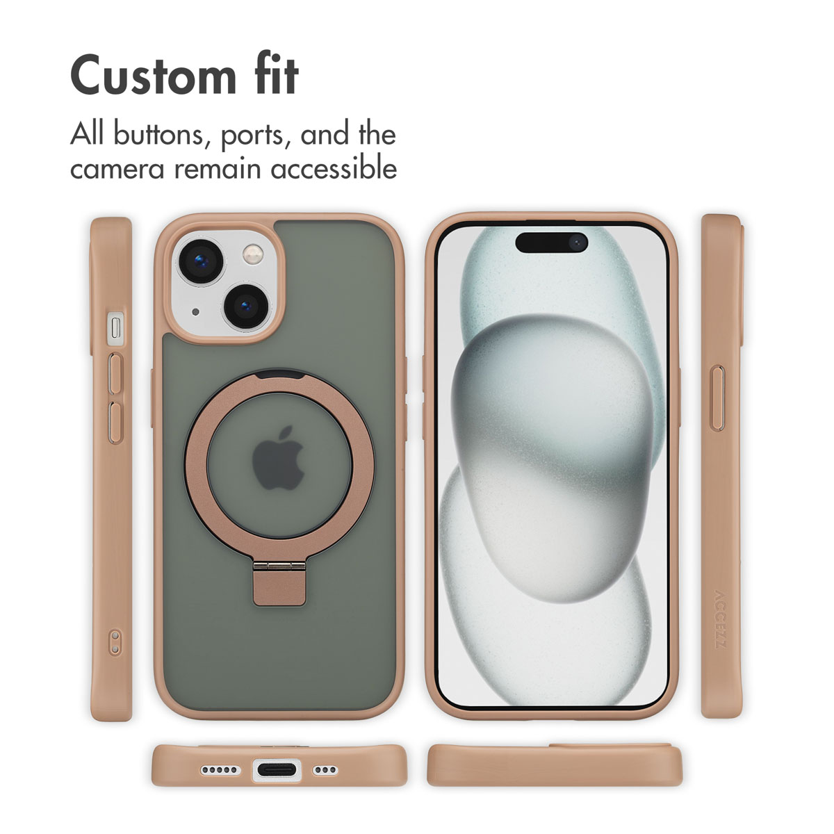 Phone case with ring stand shown from various angles, with text: "Custom fit, All buttons, ports..."