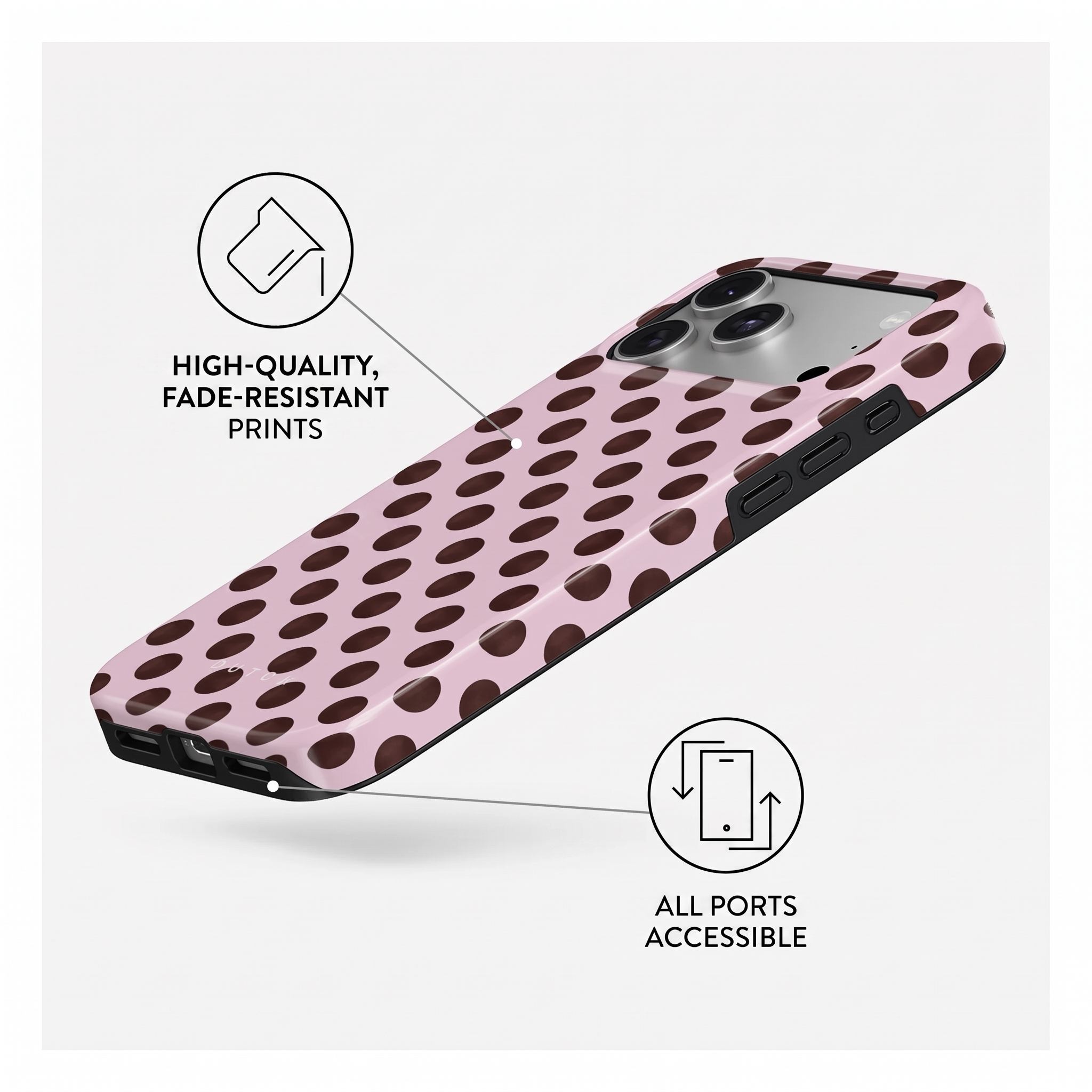 Coque de téléphone rose à pois bruns, mettant en avant des impressions résistantes et des ports accessibles.