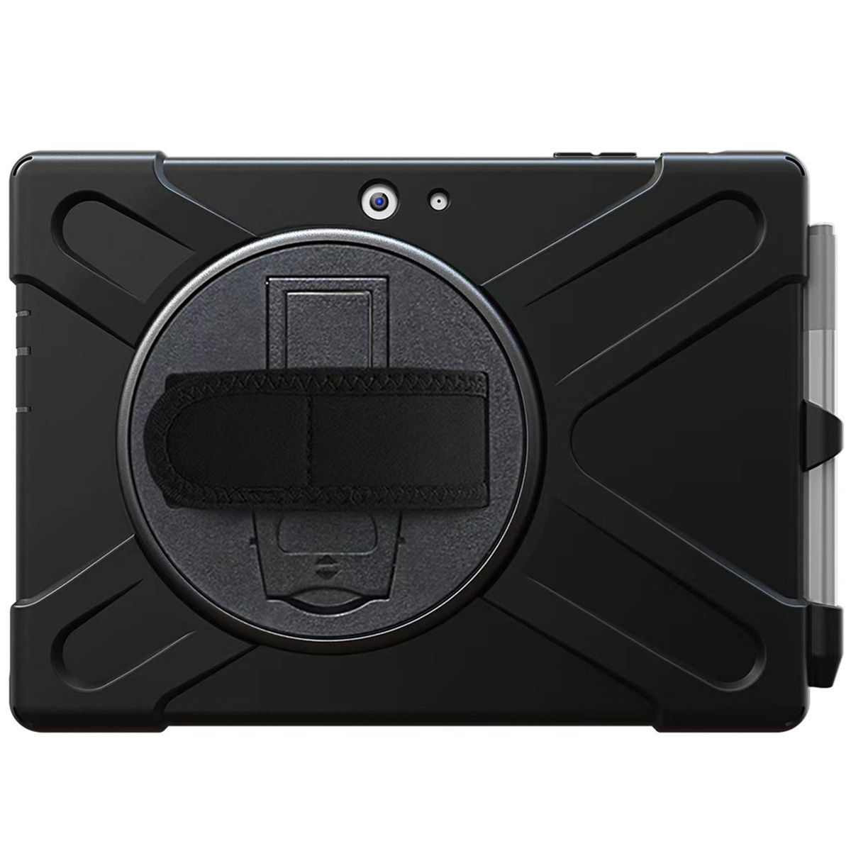 Une coque de protection noire avec support rond, dragonne et stylet sur le côté droit.