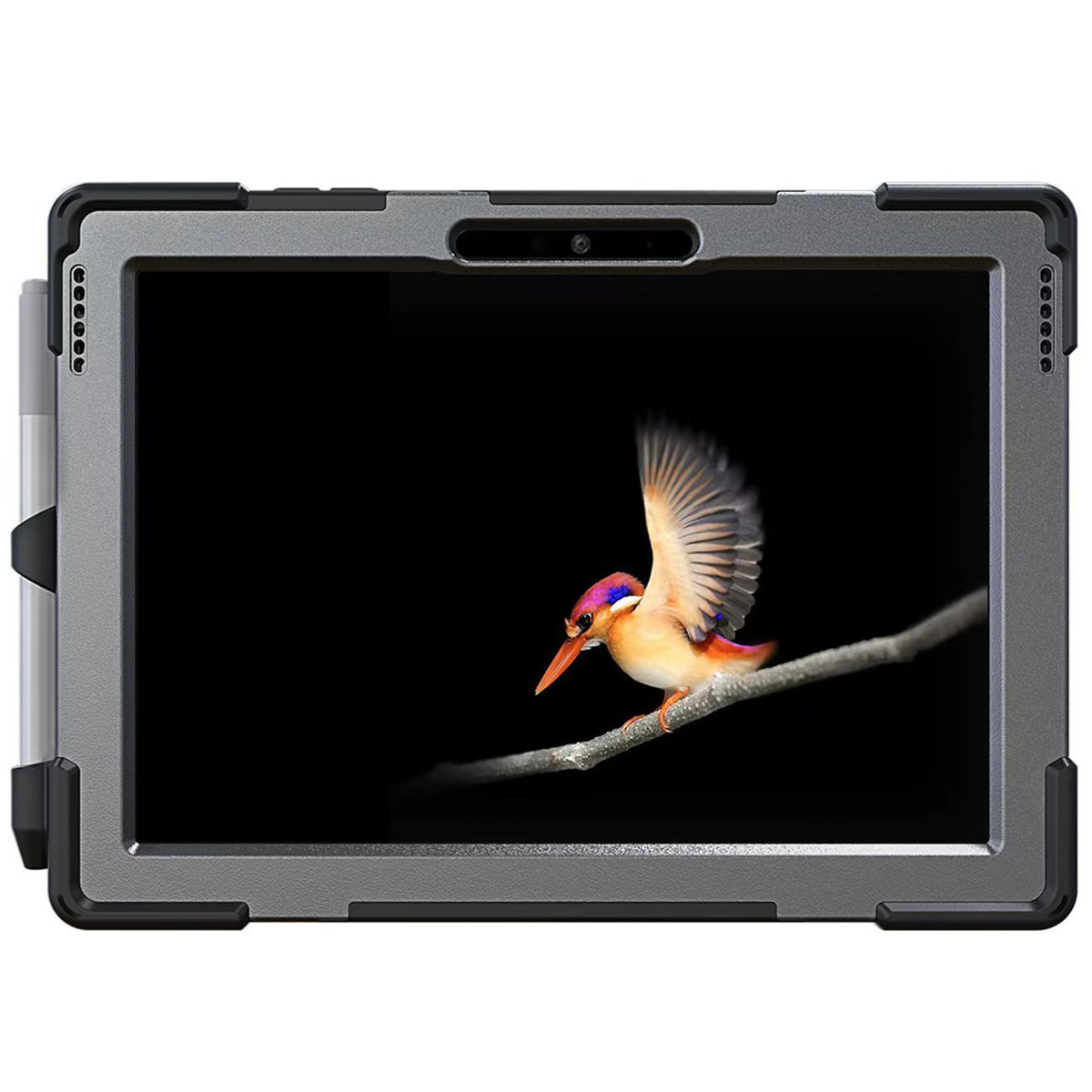 Une tablette grise robuste affiche un martin-pêcheur aux ailes déployées sur une branche sur fond noir.