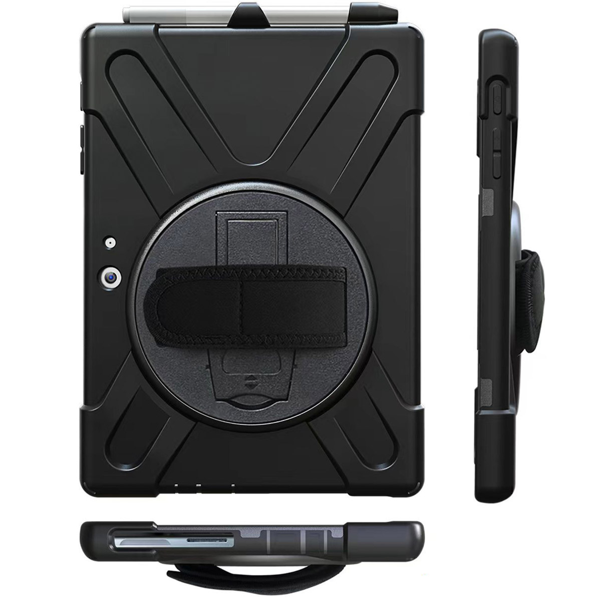 Coque de tablette noire robuste avec support intégré, sangle et porte-stylet.