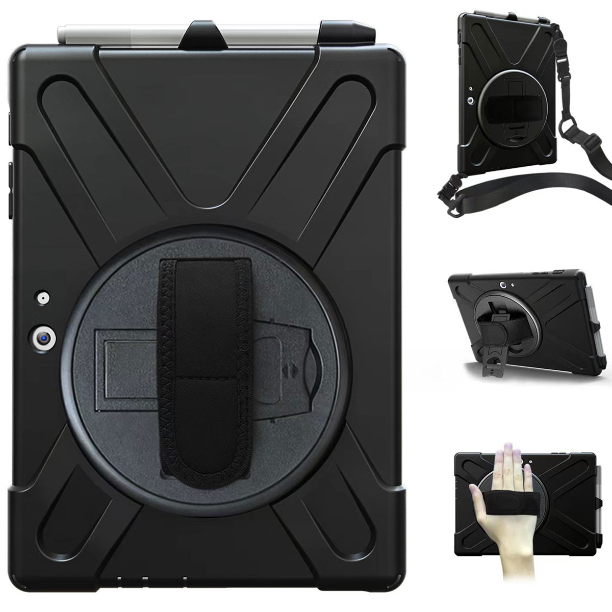 Étui de protection noir pour tablette avec support, dragonne et bandoulière, sous plusieurs angles.