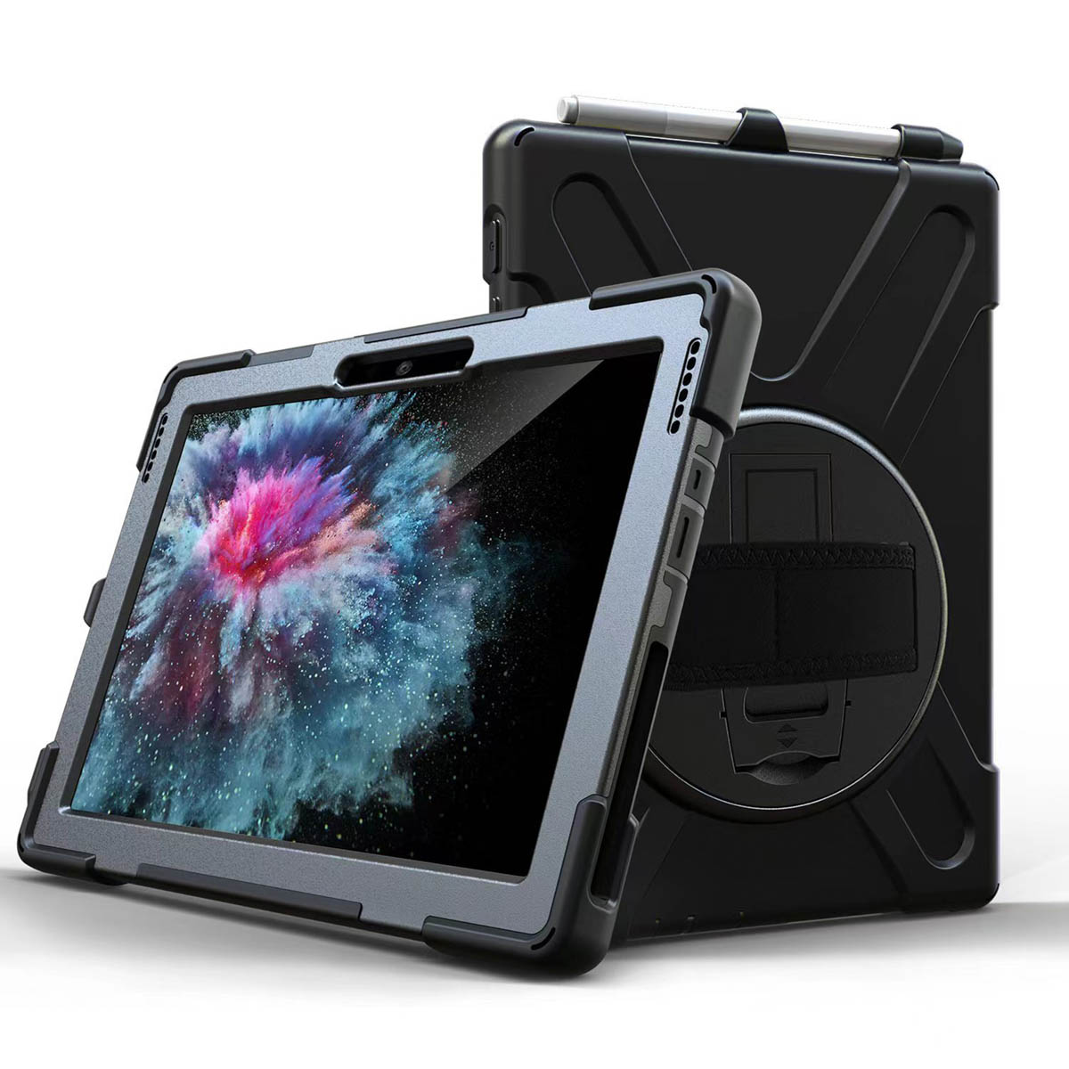 Une coque de tablette noire robuste avec support et stylet, vue de face et de dos sur fond blanc.