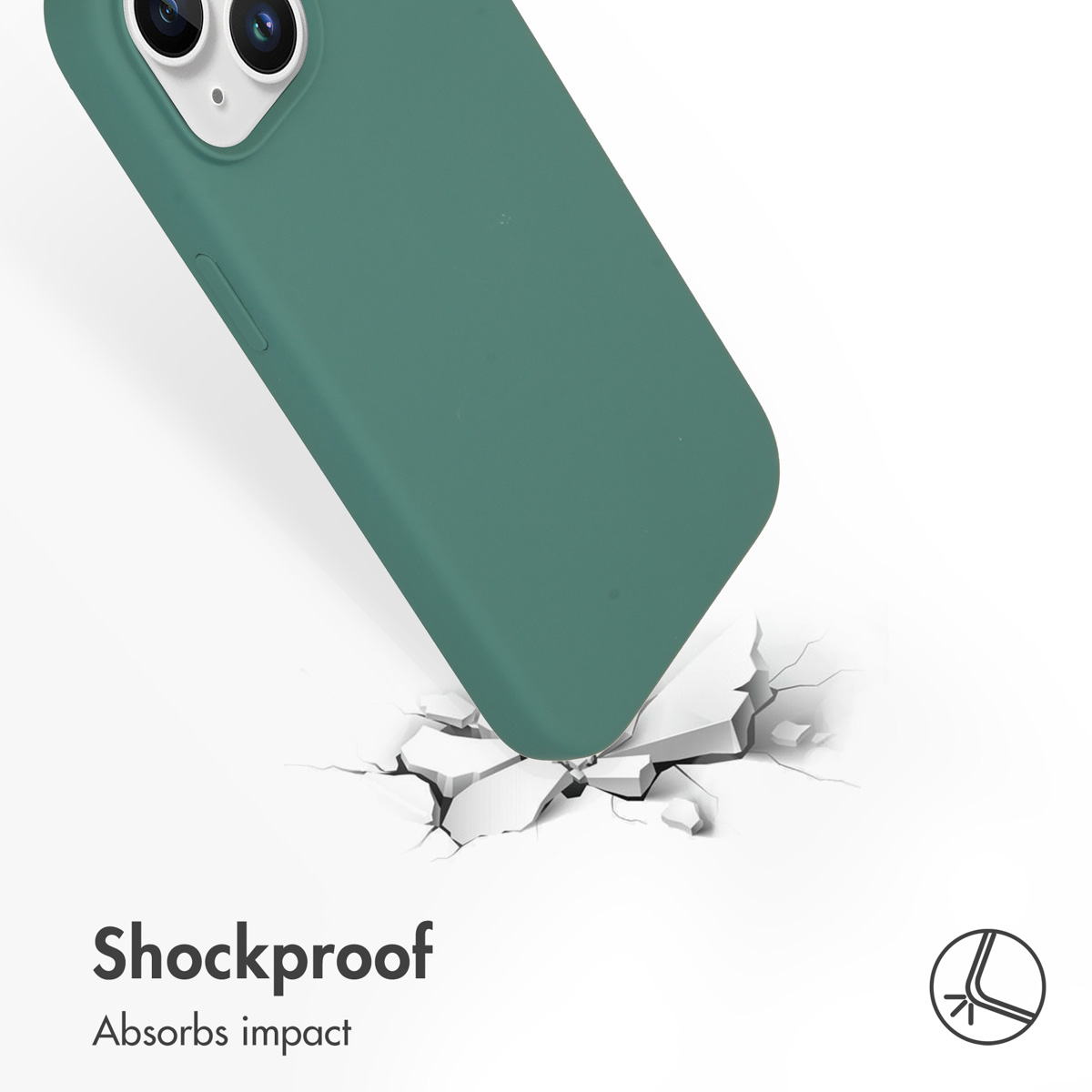 Green phone case impacts a hard surface, with text Shockproof and Absorbs impact.