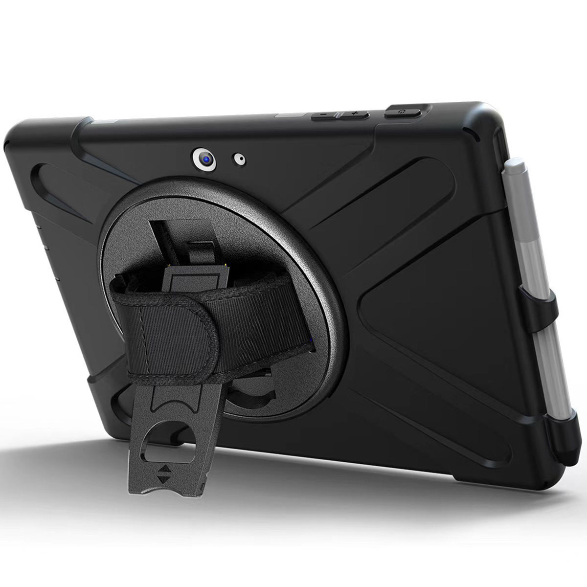 Étui de protection noir pour tablette avec béquille et sangle de main intégrées.